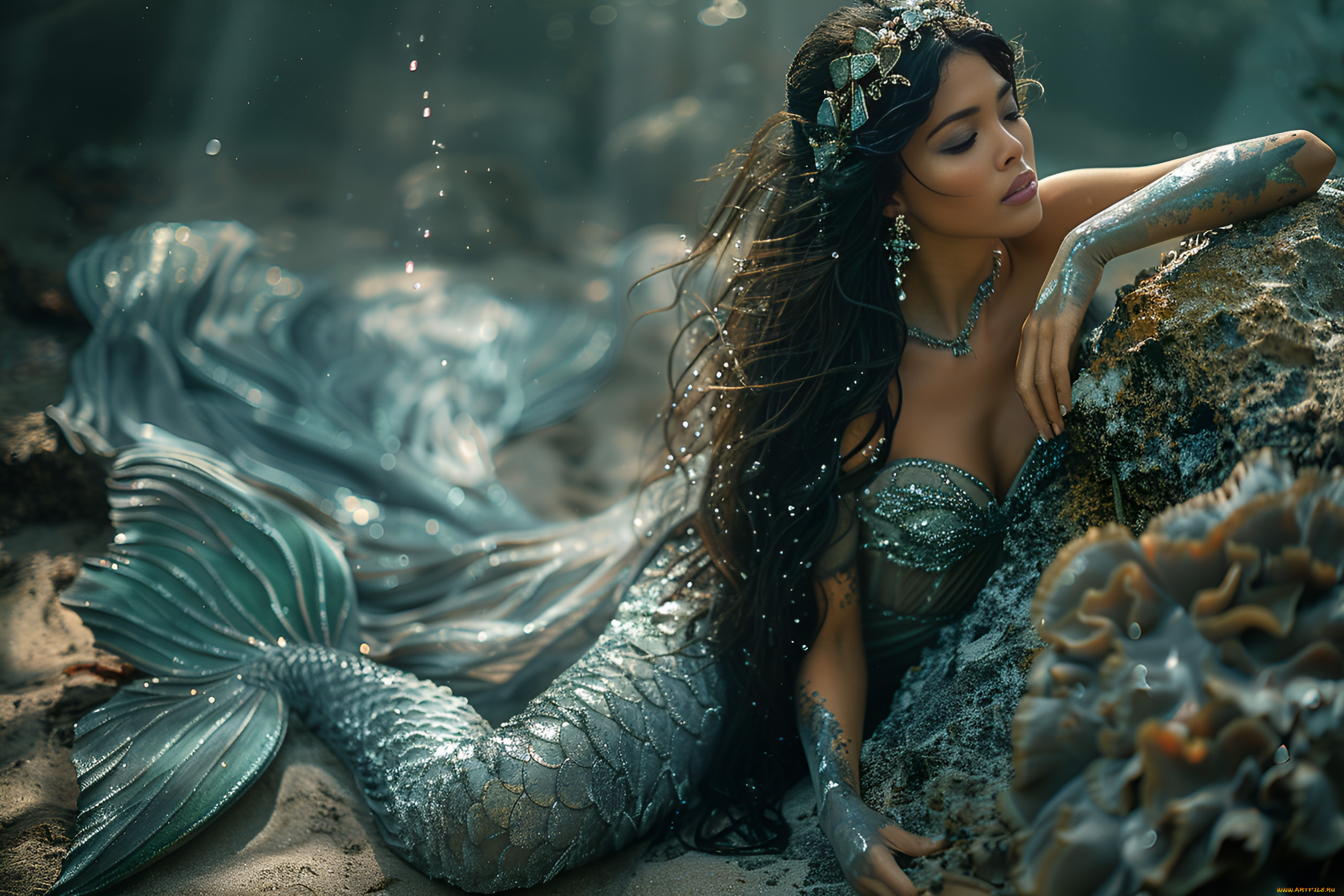 бестия, 3д, графика, фантазия, , fantasy, девушка, русалка, камень, волосы, хвост, цифровое, искусство, ии-арт, искусственного, интеллекта, нейросеть