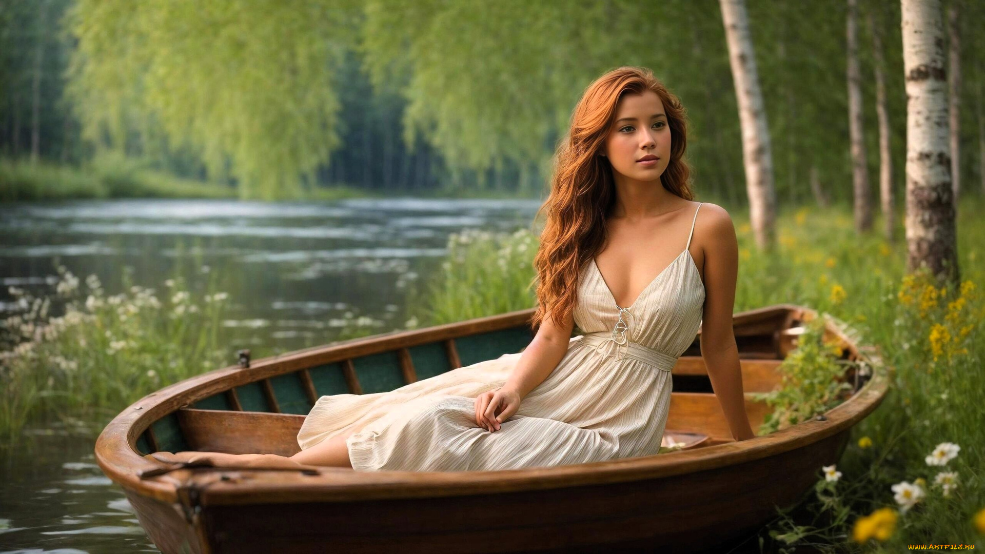 3д, графика, люди, , people, девушка, платье, лодка, река, трава, деревья