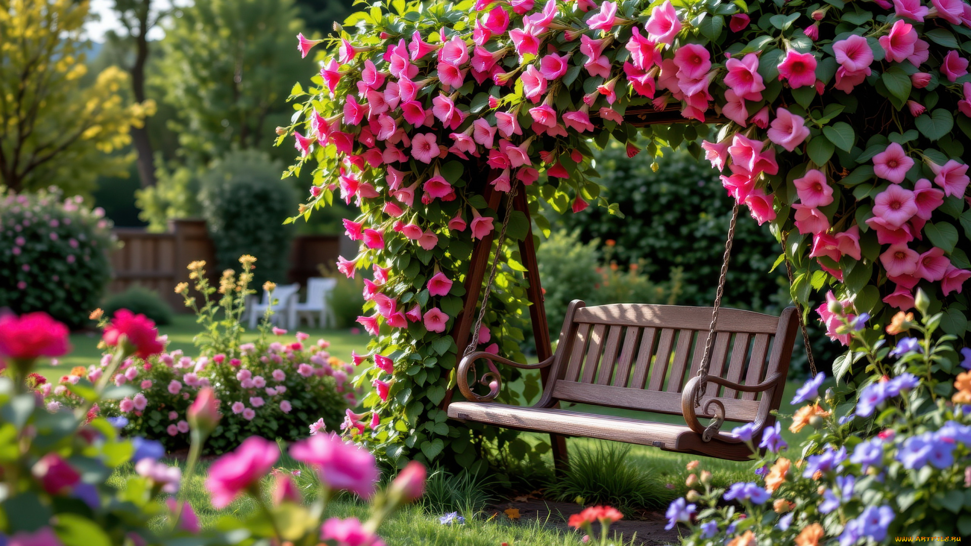 3д, графика, природа, , nature, парк, арка, цветы, качели
