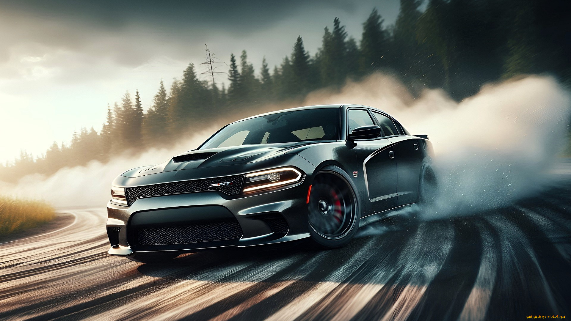 dodge, charger, рисованное, авто, мото, машина, лес, дорога, поворот, дрифт, занос, дым