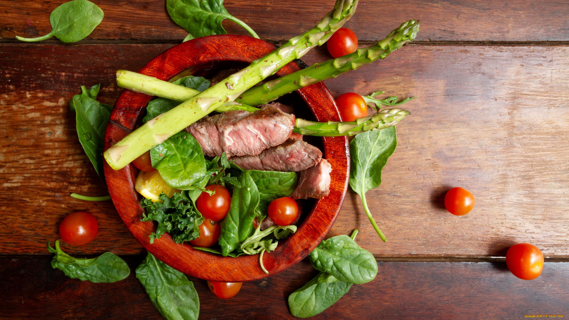 еда, мясные, блюда, спаржа, мясо, шпинат, помидоры, черри