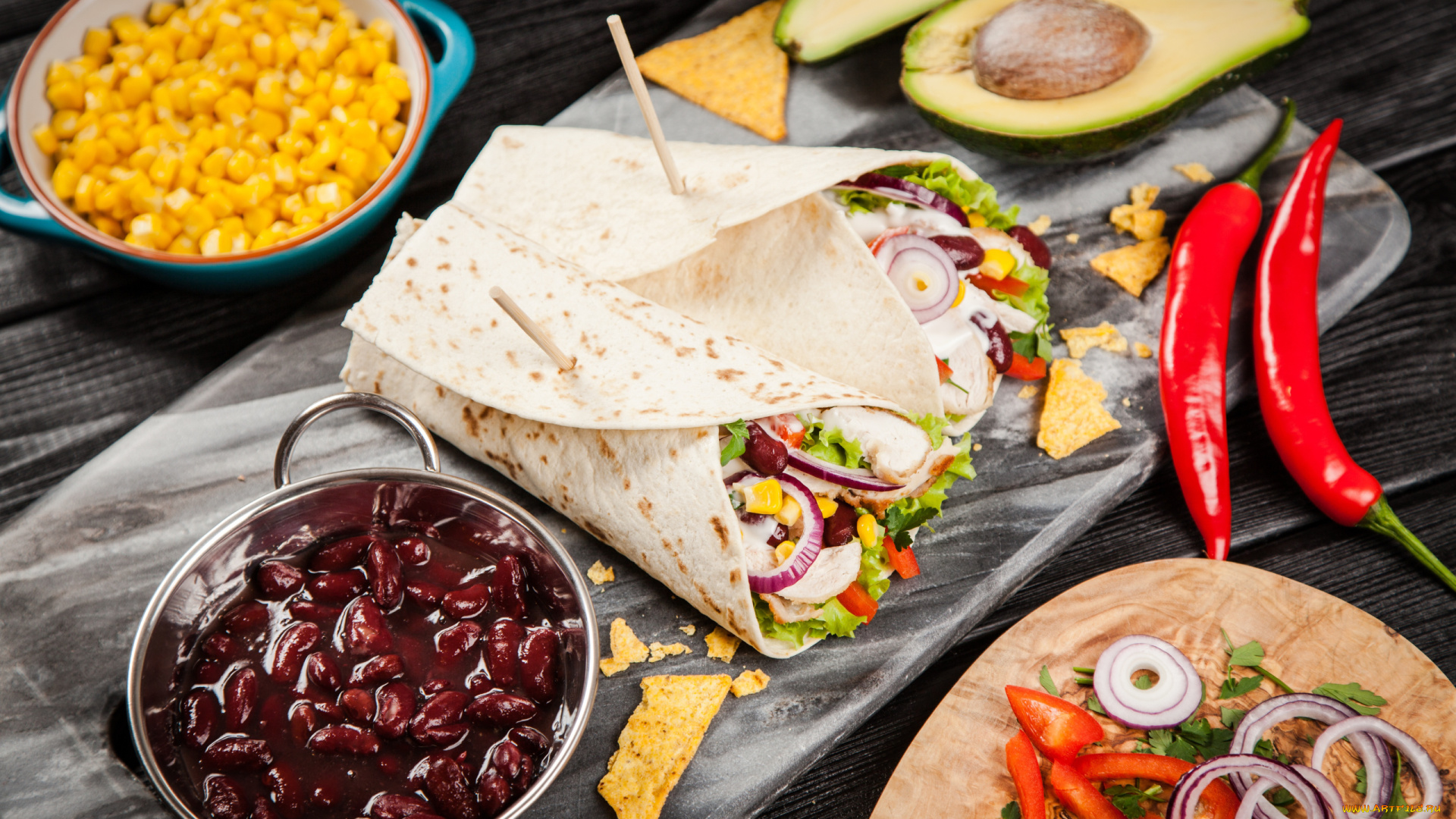 еда, разное, авокадо, перец, салат, фасоль, кукуруза, такос