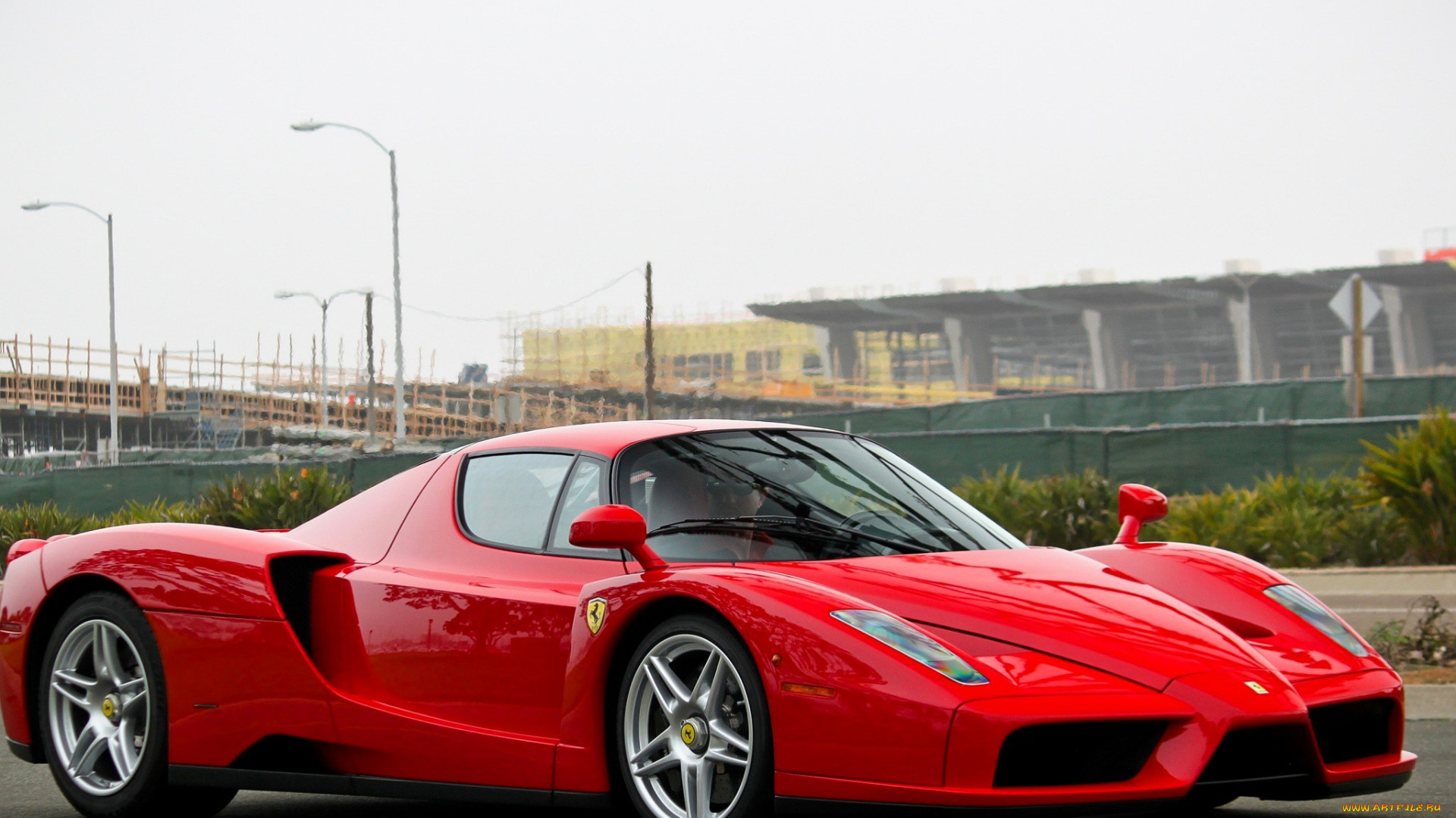 ferrari, enzo, автомобили, ferrari, красный, дорога, здания