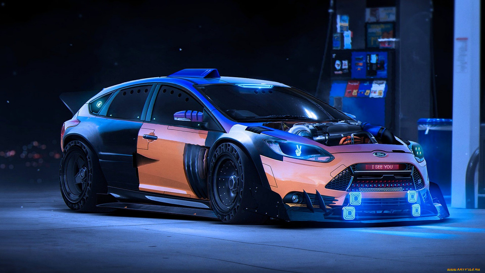 ford, focus, rs, 2015, автомобили, виртуальный, тюнинг, черный, неон, банкомат