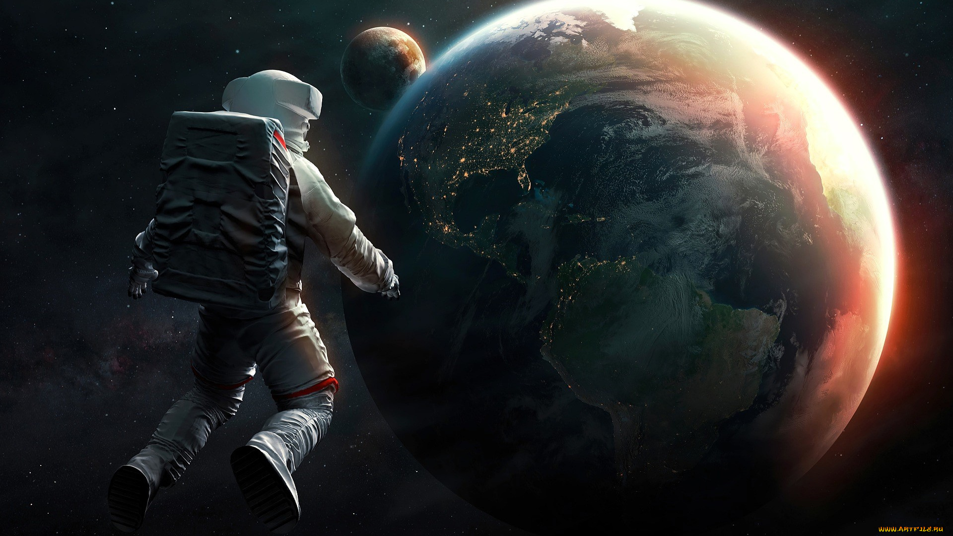 космос, арт, астронавт, скафандр, невесомость, планеты, звезды