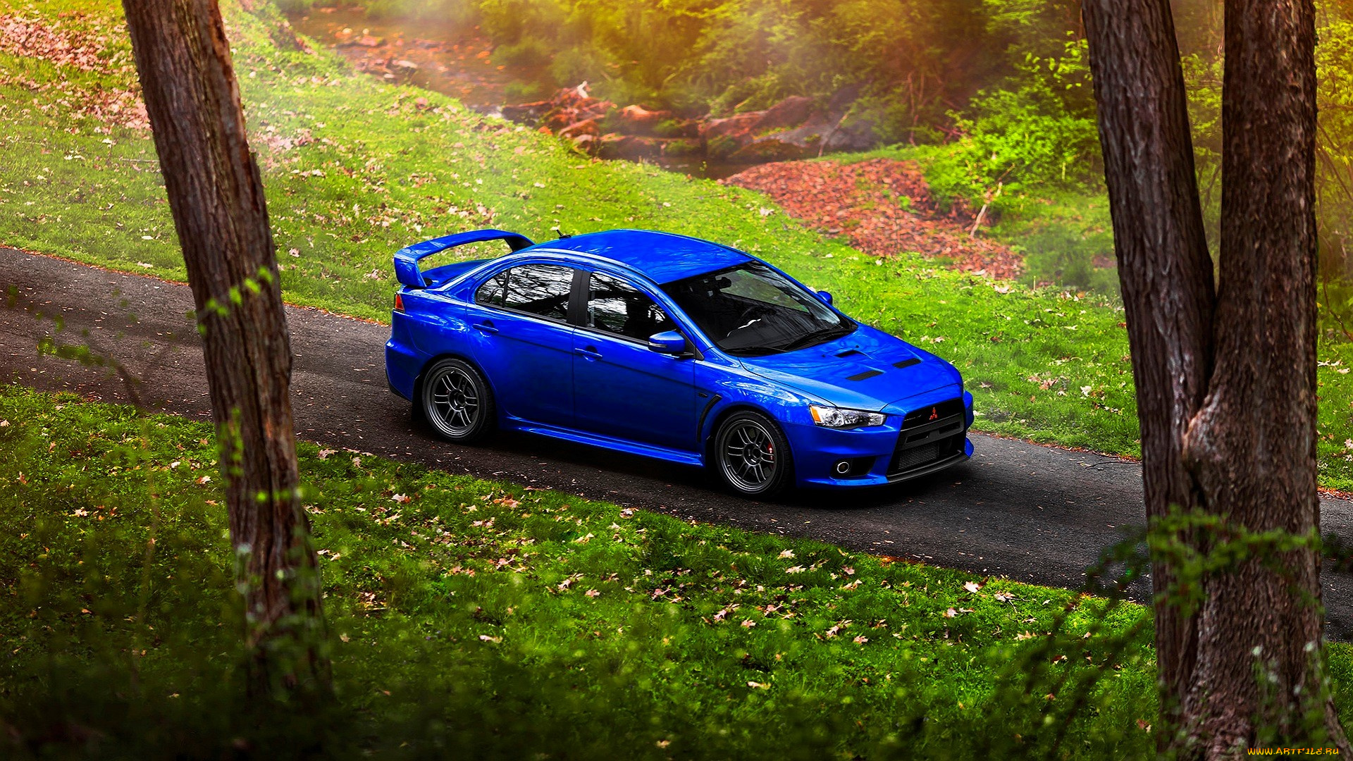 mitsubishi, lancer, evolution, автомобили, mitsubishi, синий, дорога, трава, деревья, река, листья