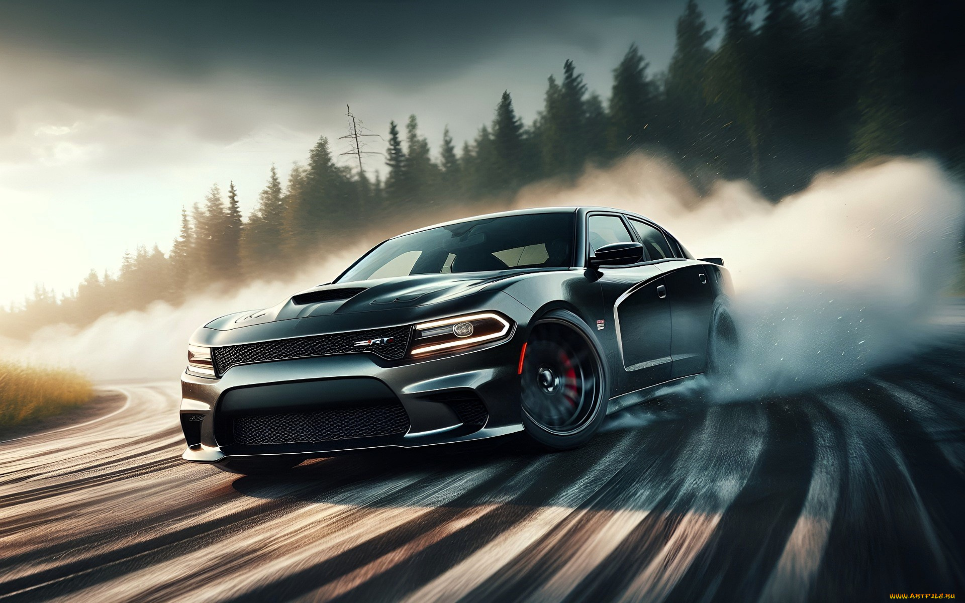 dodge, charger, рисованное, авто, мото, машина, лес, дорога, поворот, дрифт, занос, дым