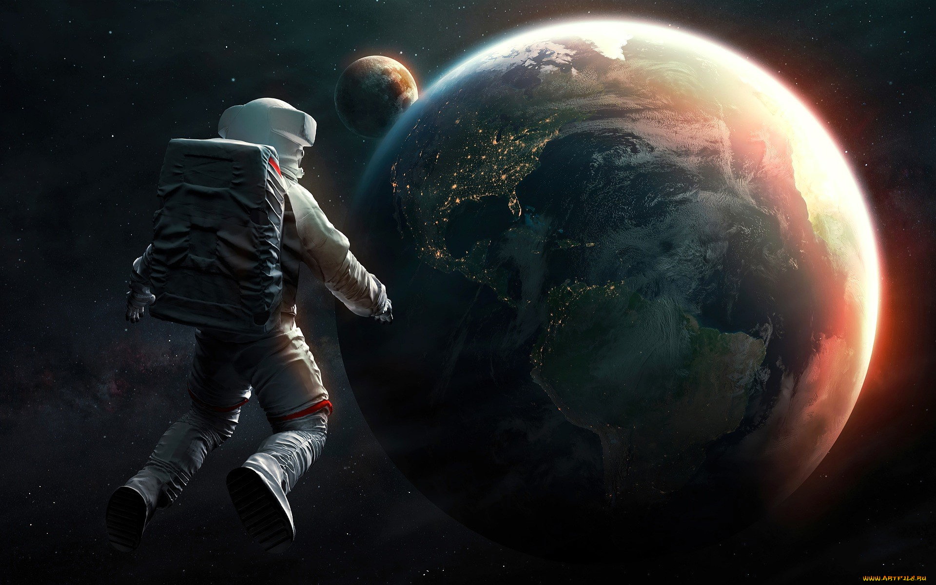 космос, арт, астронавт, скафандр, невесомость, планеты, звезды