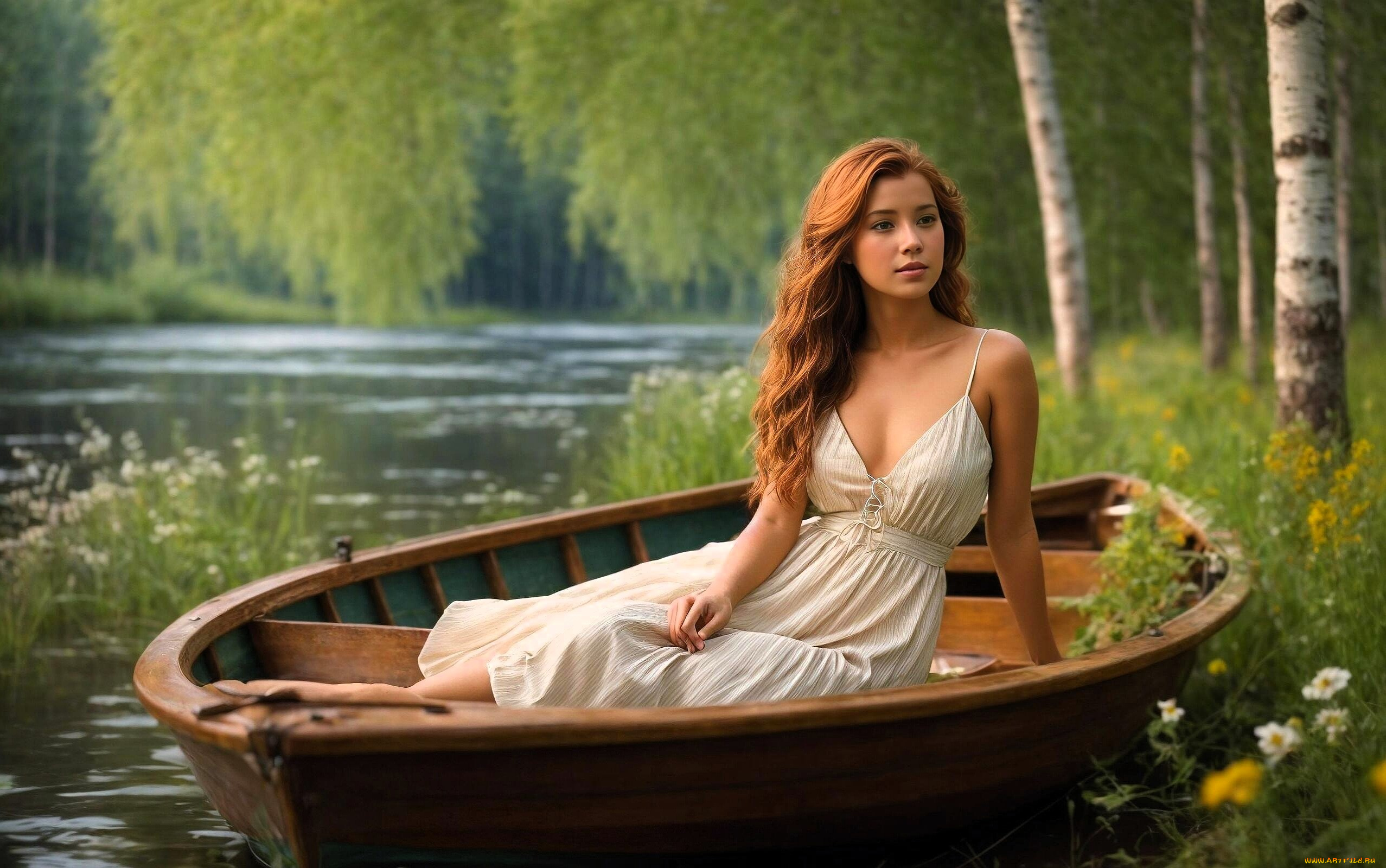 3д, графика, люди, , people, девушка, платье, лодка, река, трава, деревья