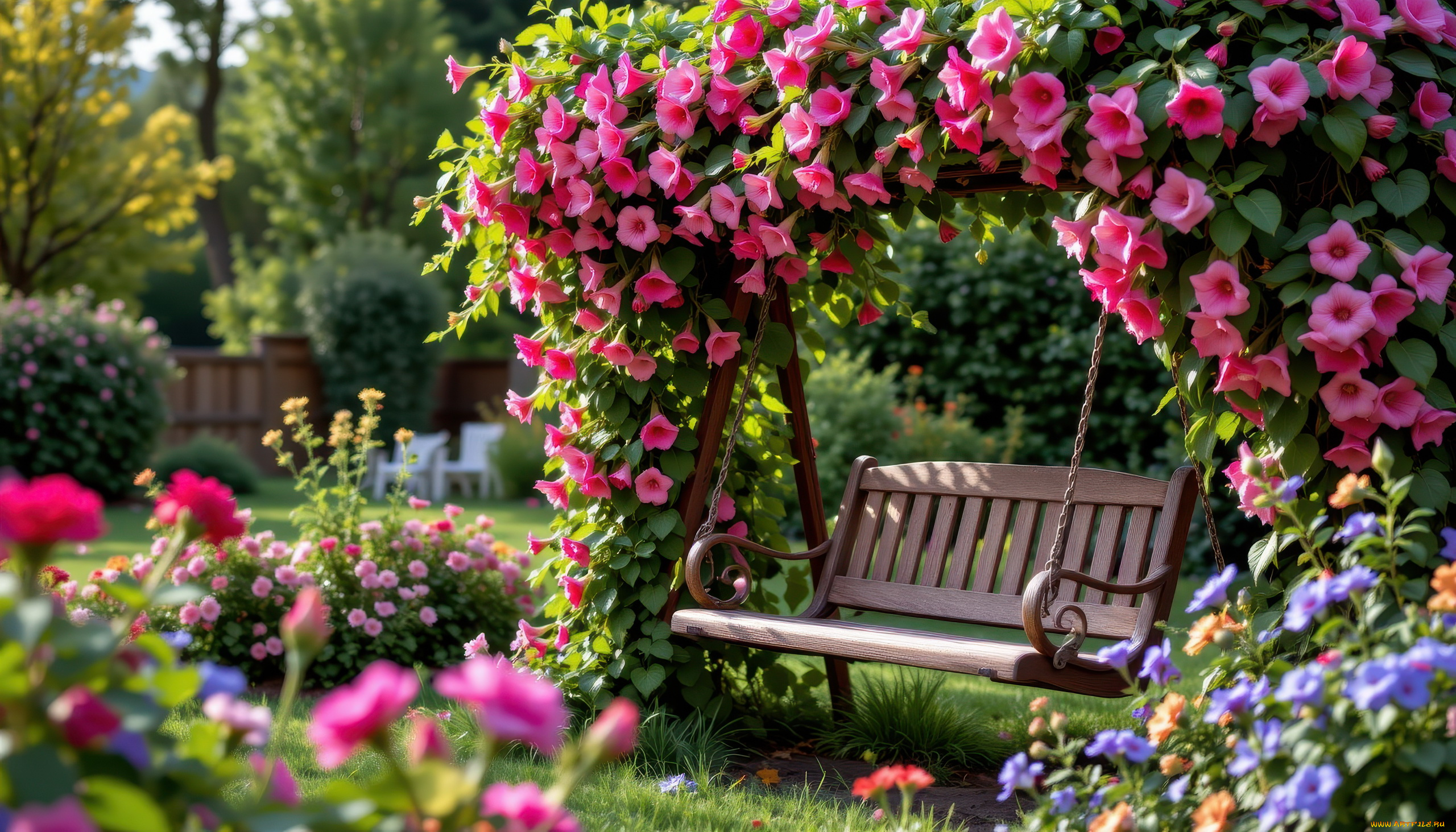 3д, графика, природа, , nature, парк, арка, цветы, качели