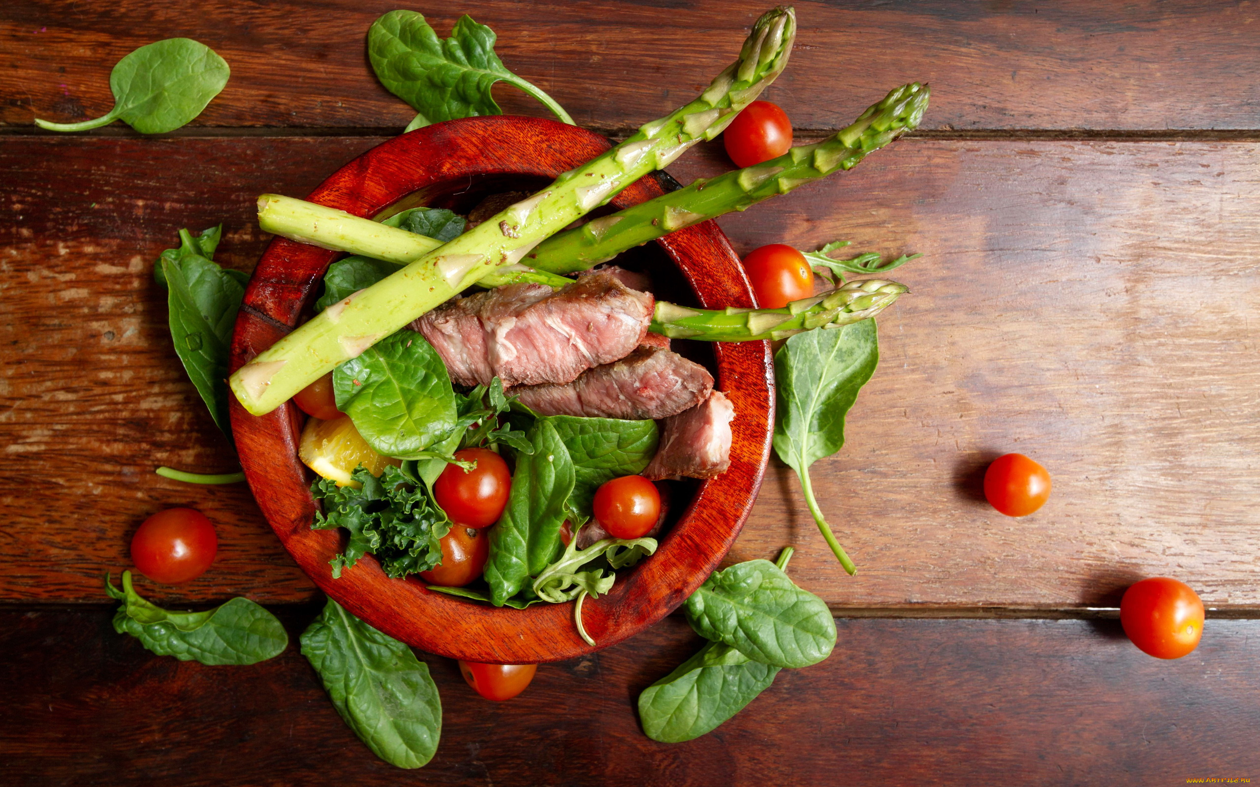 еда, мясные, блюда, спаржа, мясо, шпинат, помидоры, черри