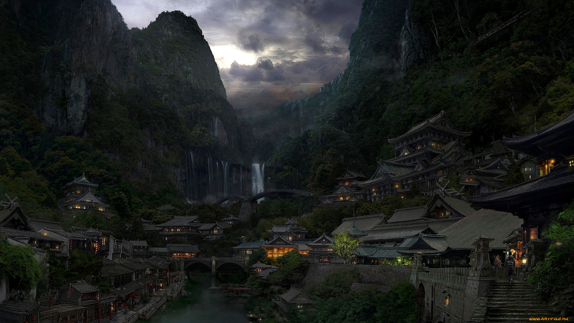 village, on, the, mountain, lake, фэнтези, пейзажи