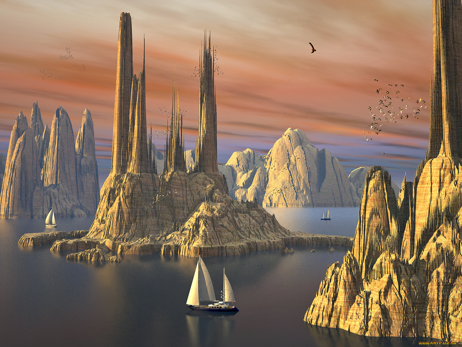 3д, графика, sea, undersea, море, горы, парусники