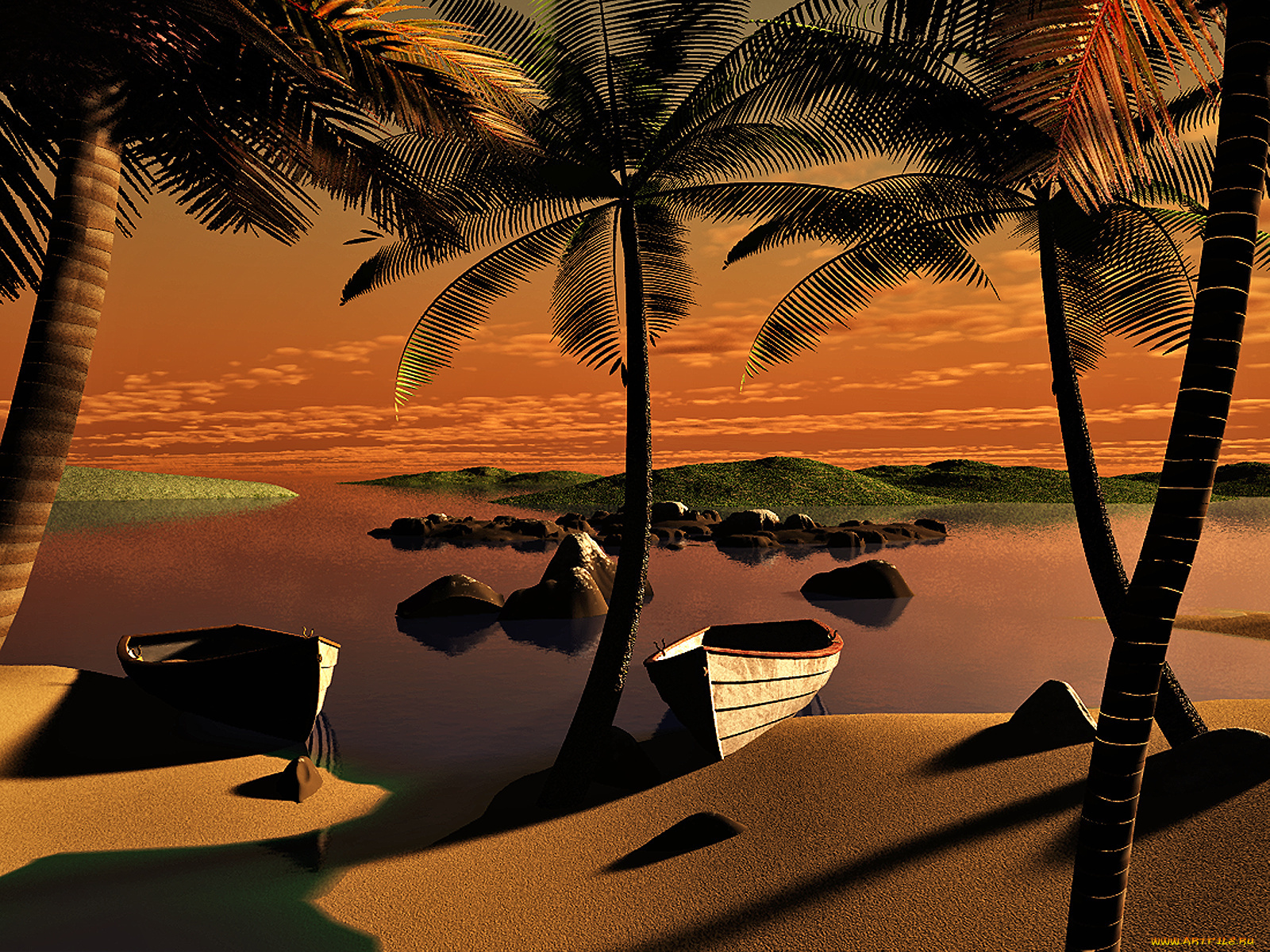 3д, графика, sea, undersea, море, пальмы, лодки