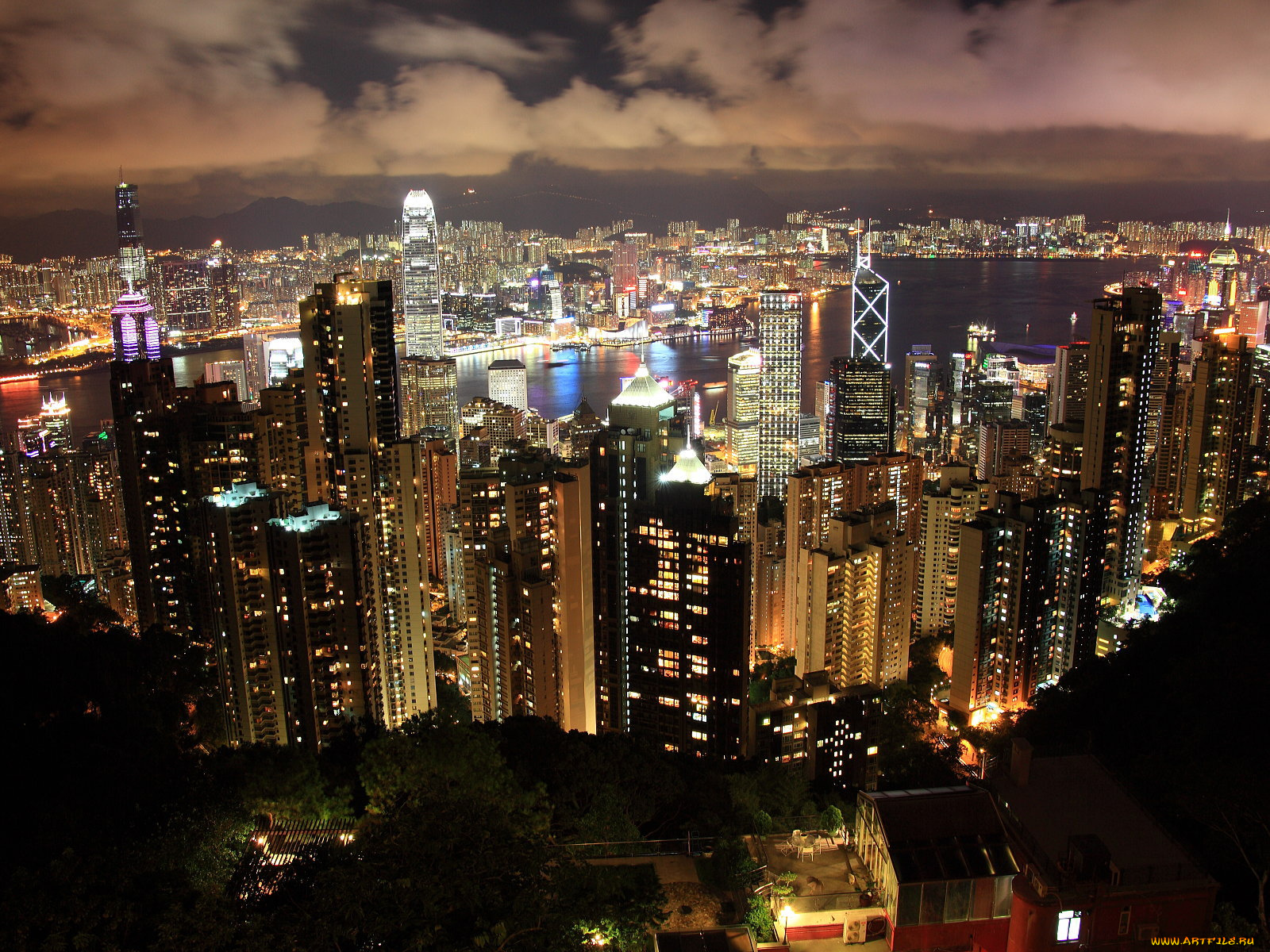 города, гонконг, китай, река, огни, облака
