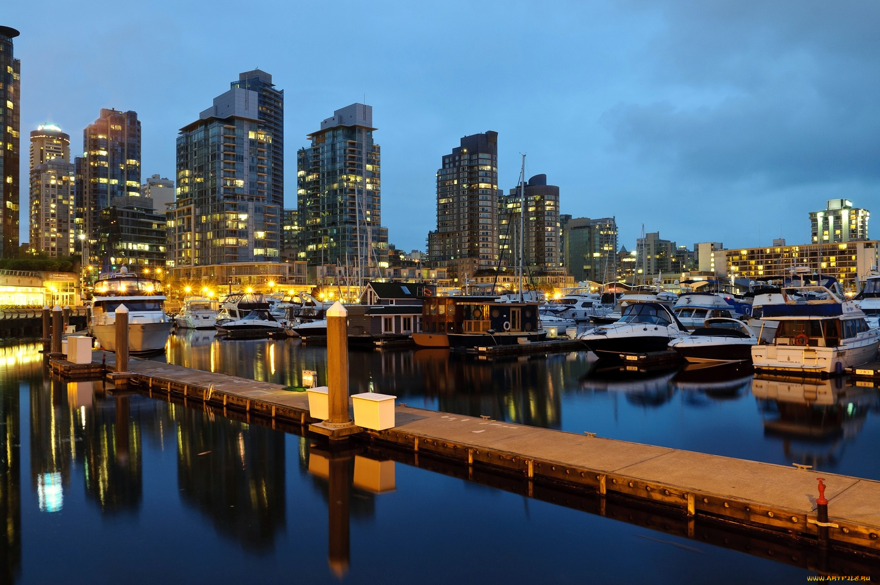 ванкувер, канада, корабли, порты, причалы, ночь, небоскребы, яхты, огни