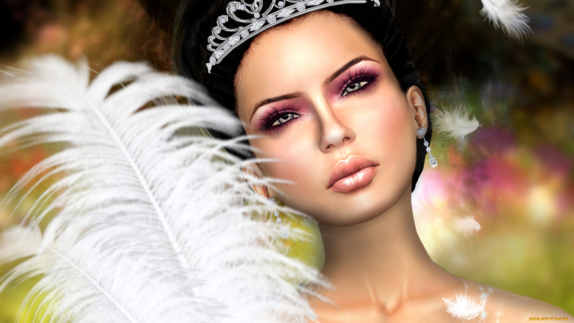 3д, графика, portraits, портрет, девушка, перья, диадема