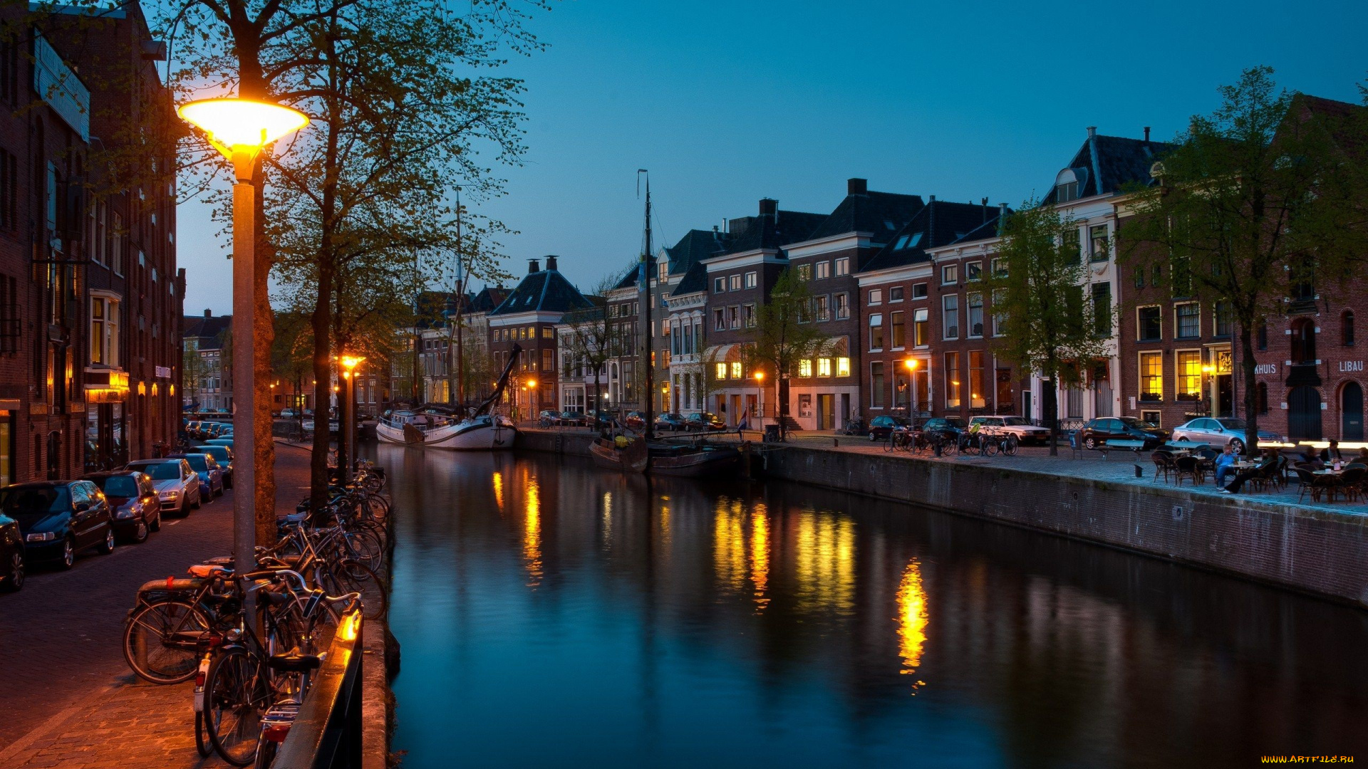 groningen, nederland, города, огни, ночного, канал