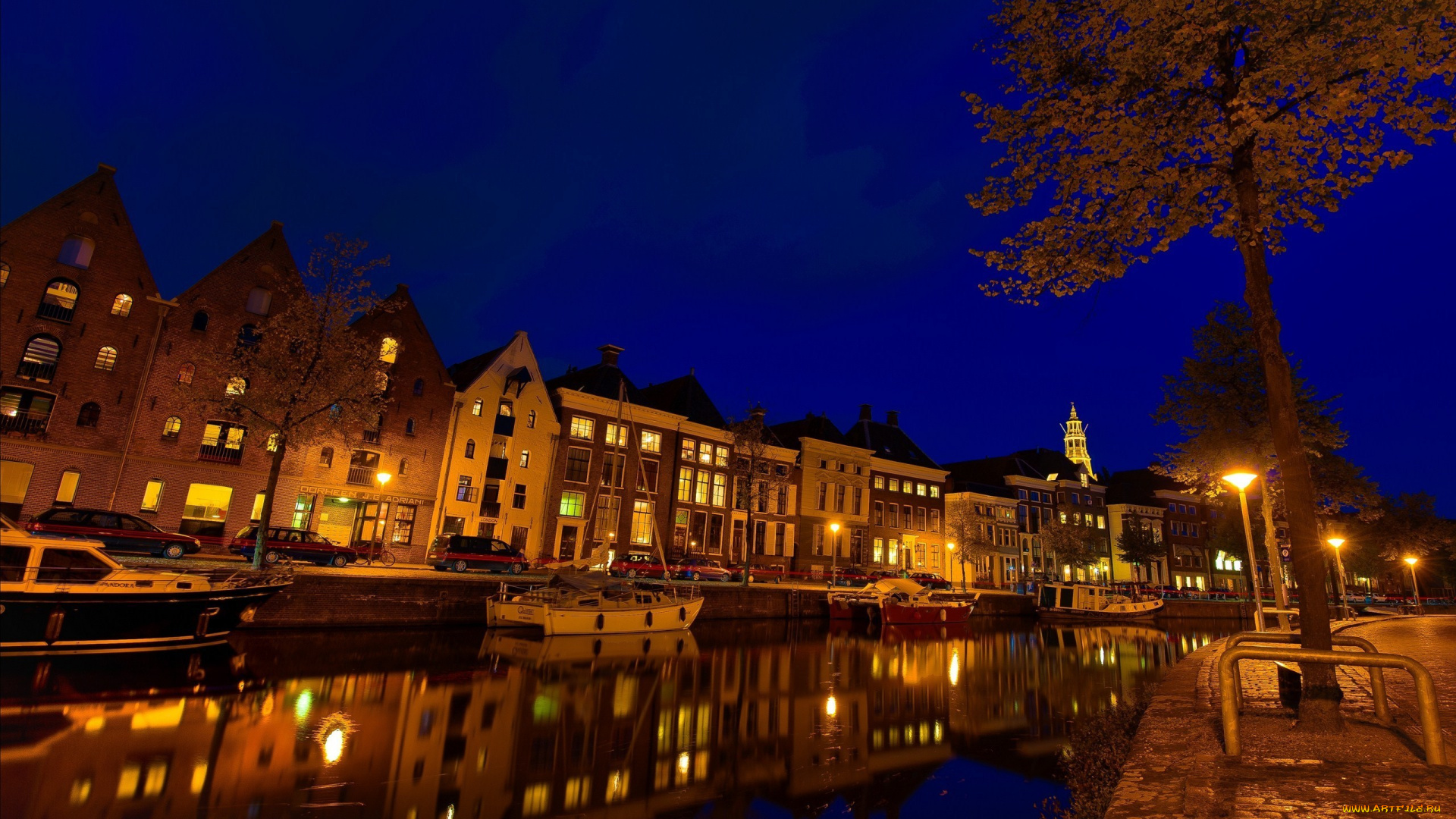 groningen, nederland, города, огни, ночного, канал