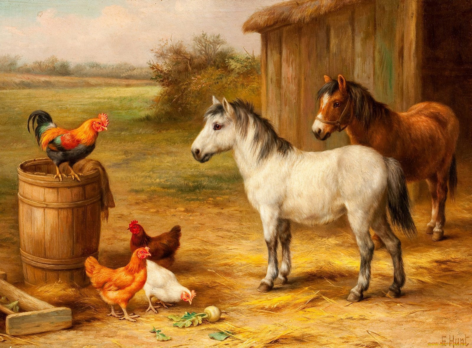 рисованные, edgar, hunt, пони, и, куры, на, скотном, дворе