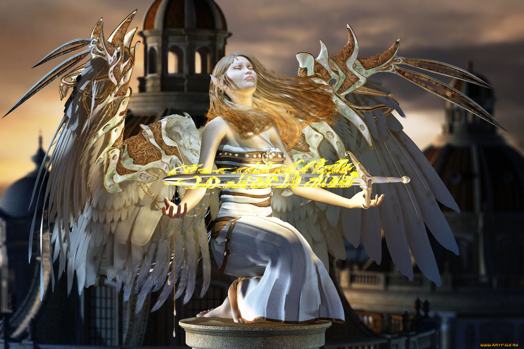 3д, графика, elves, эльфы, магия, меч, крилья