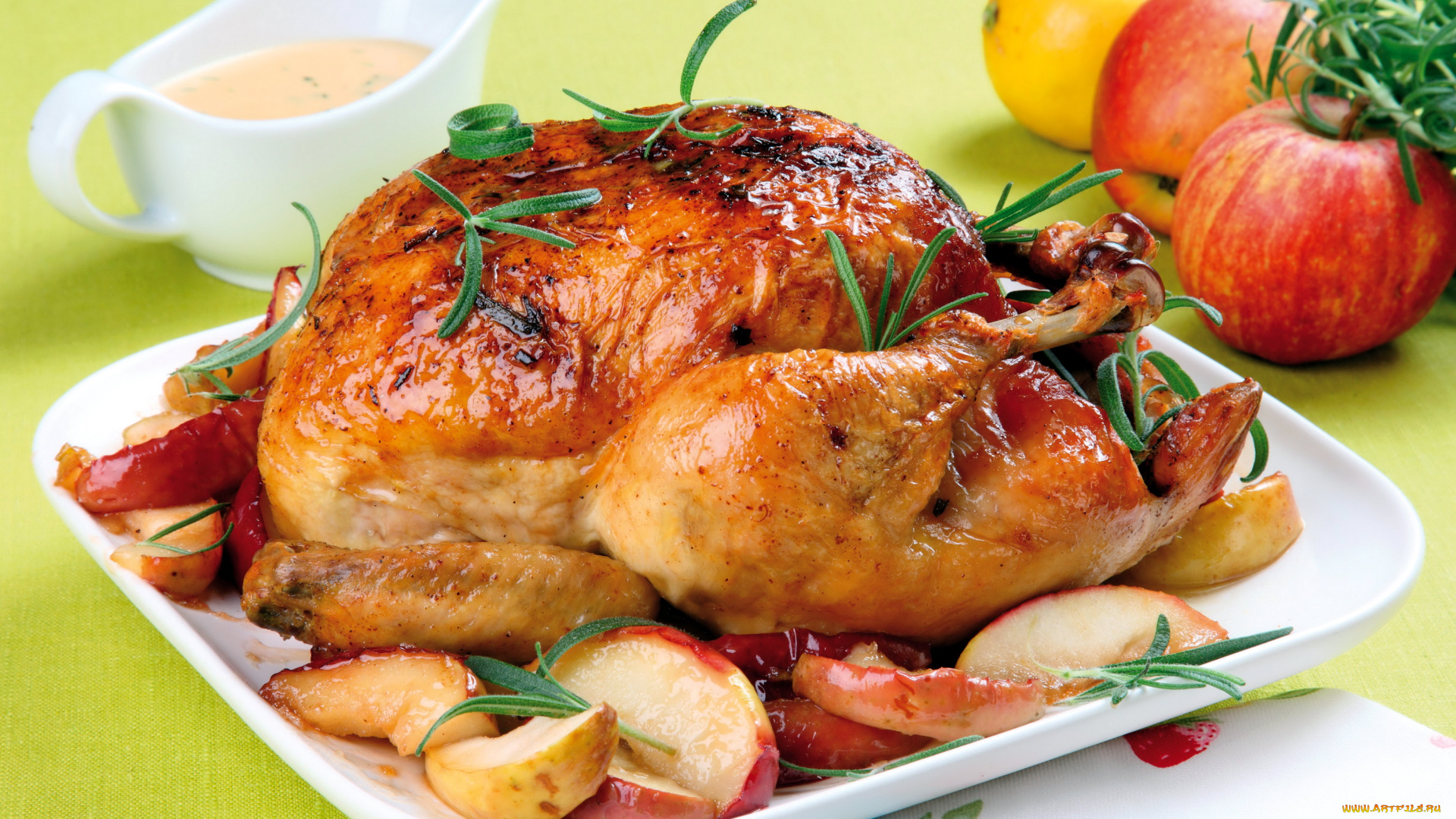 еда, мясные, блюда, курица, яблоки