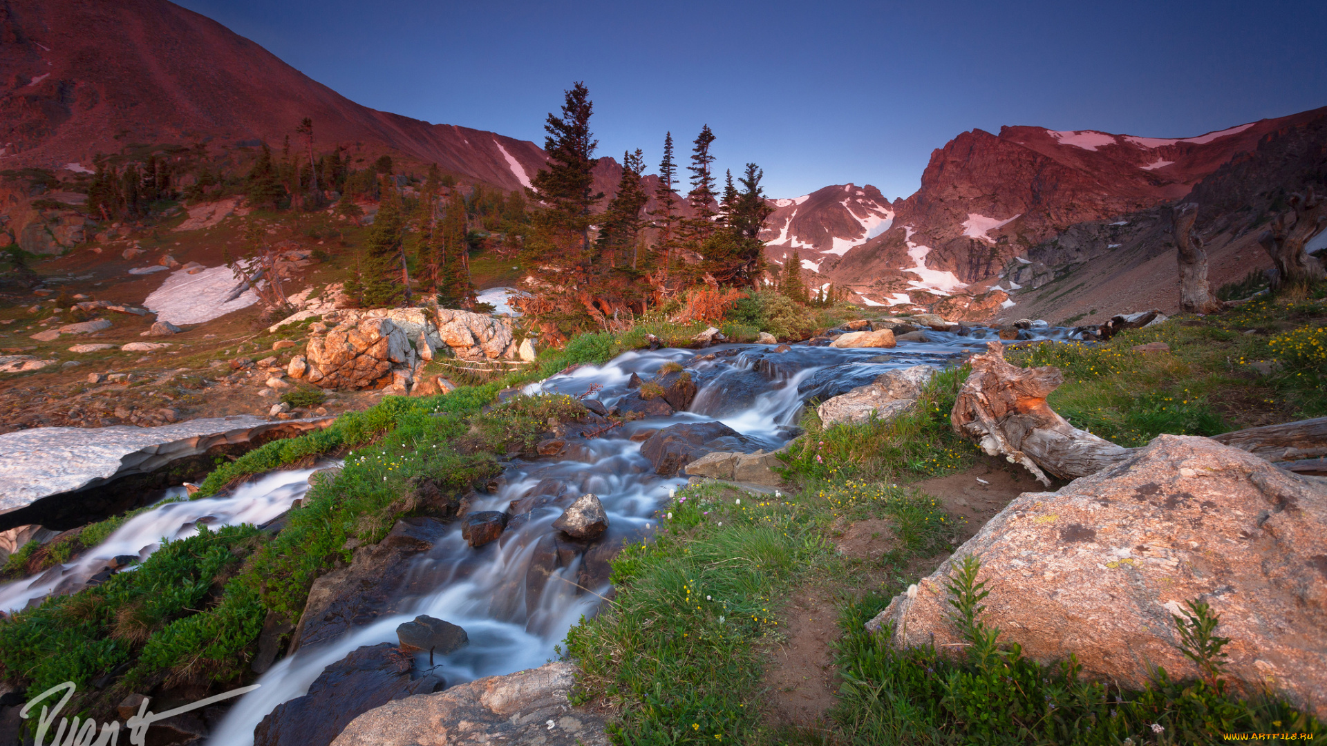 природа, пейзажи, камни, ручей, небо, горы