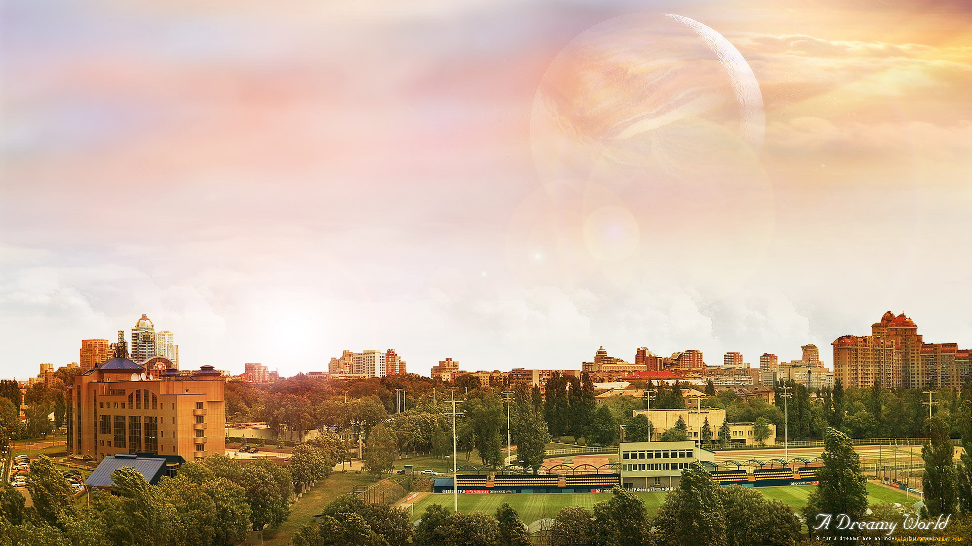 разное, компьютерный, дизайн, планета, облака, город, дома