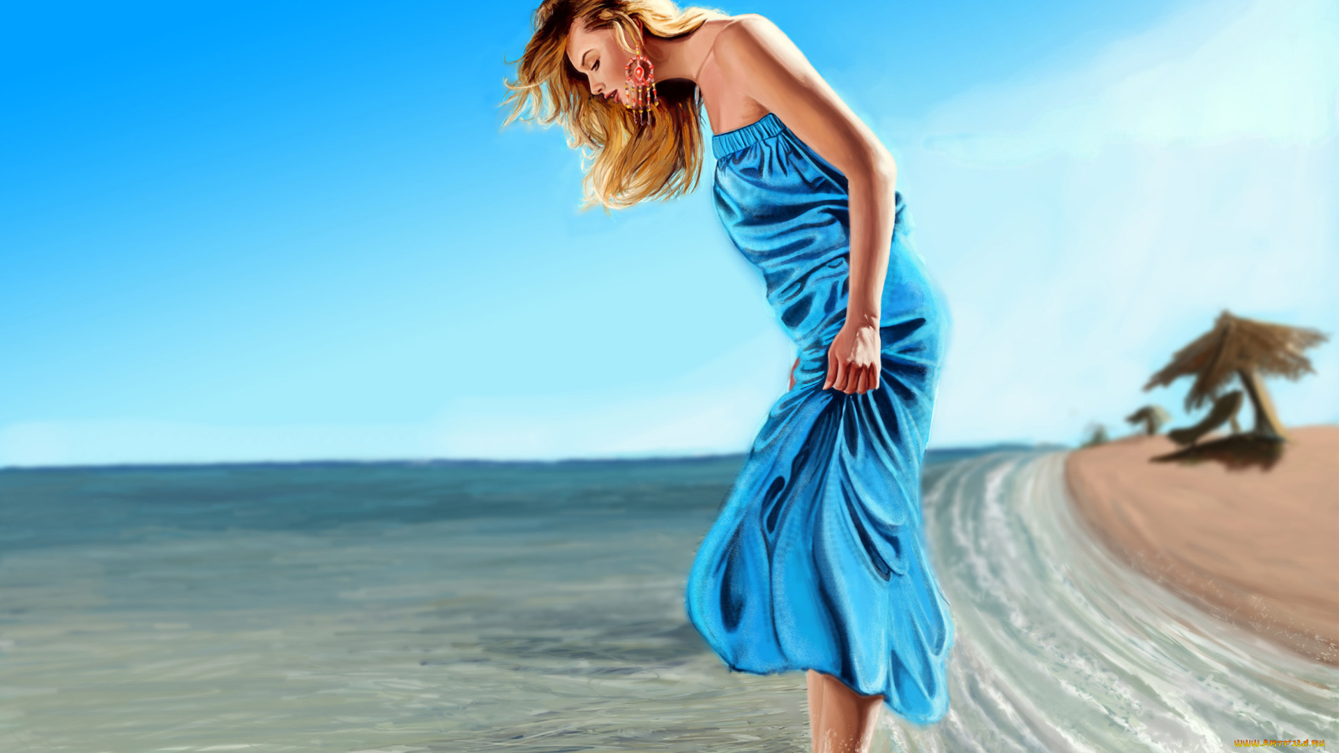 рисованные, люди, песок, арт, prabhu, k, настроение, пляж, волны, девушка, море, платье