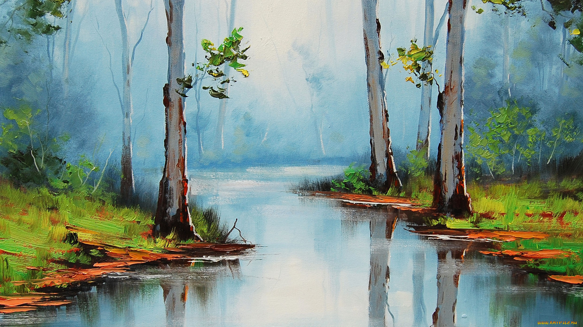 рисованные, живопись, река, деревья, лес