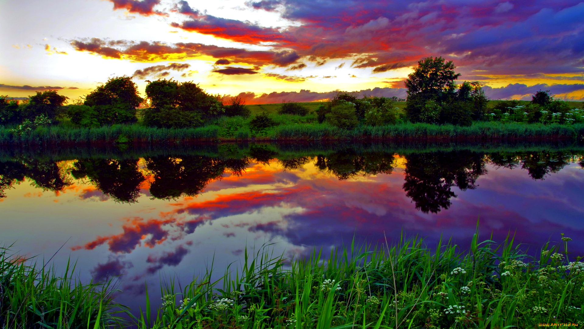 river, sunset, природа, реки, озера, закт, тучи, река