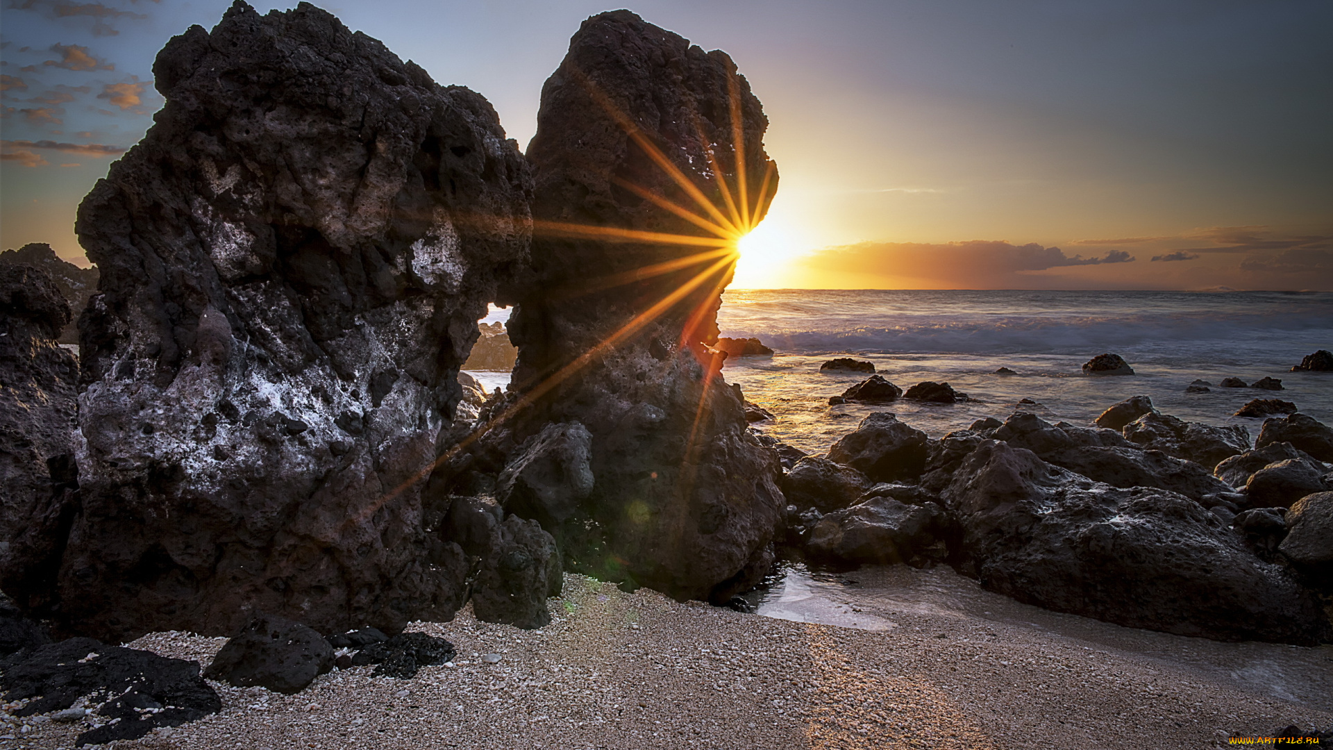 sunrays, природа, восходы, закаты, пляж, океан, рассвет, камни