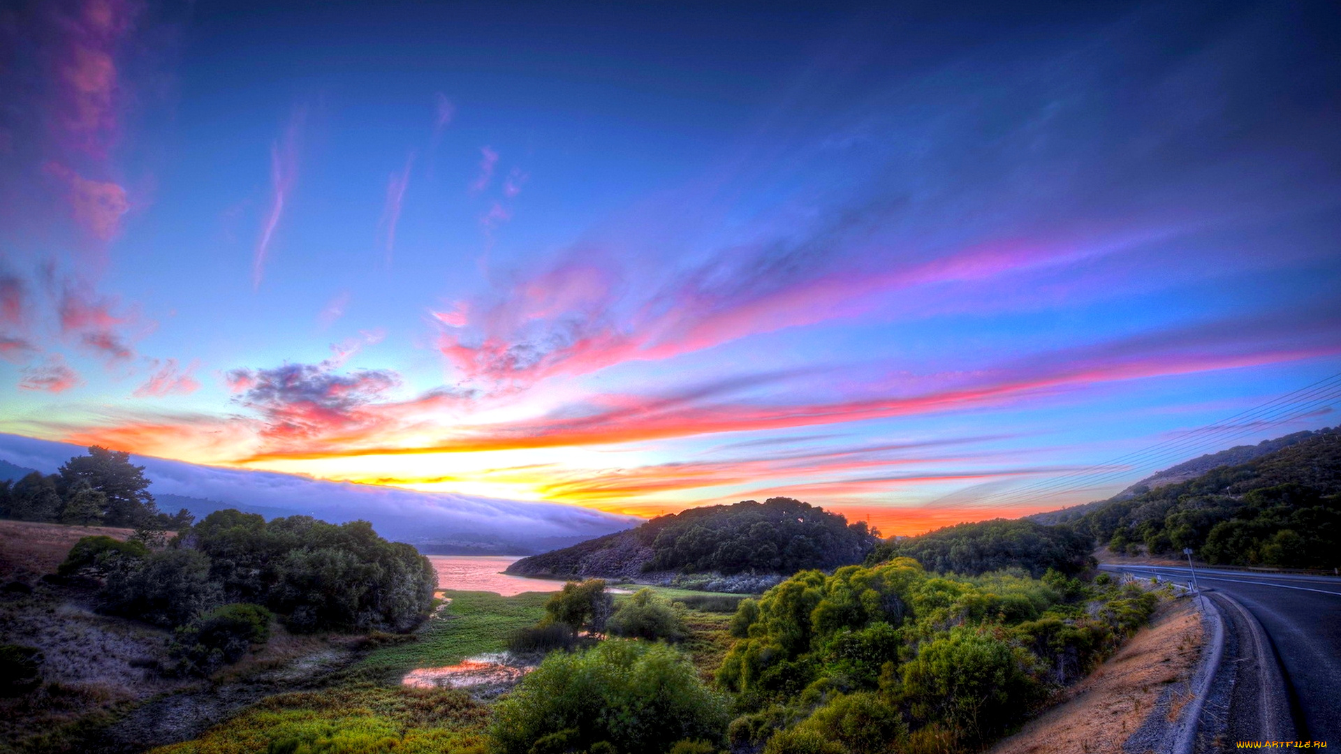 sunset, scenery, природа, дороги, закат, поле, дорога