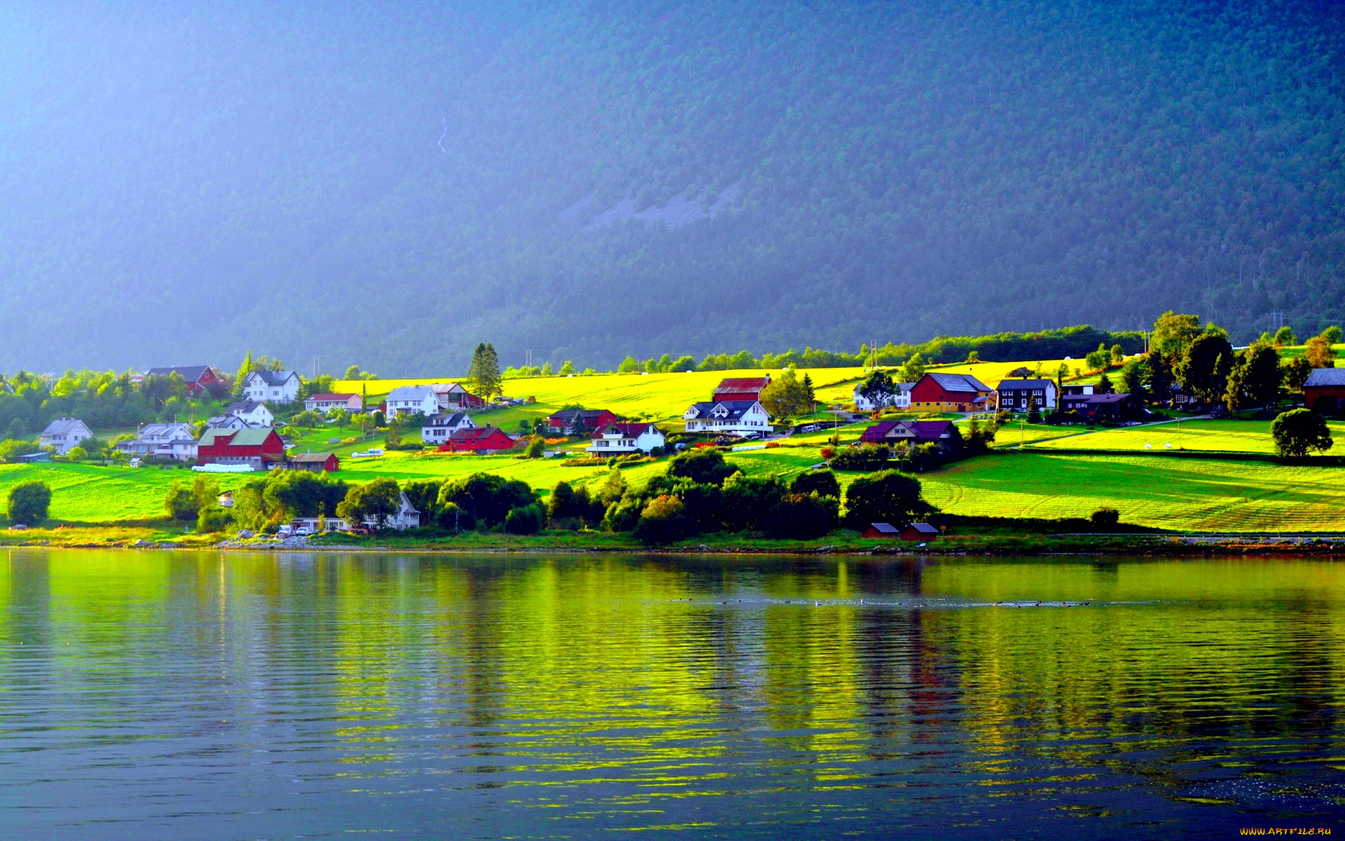 lakeside, houses, природа, реки, озера, горы, озеро, домики, леса