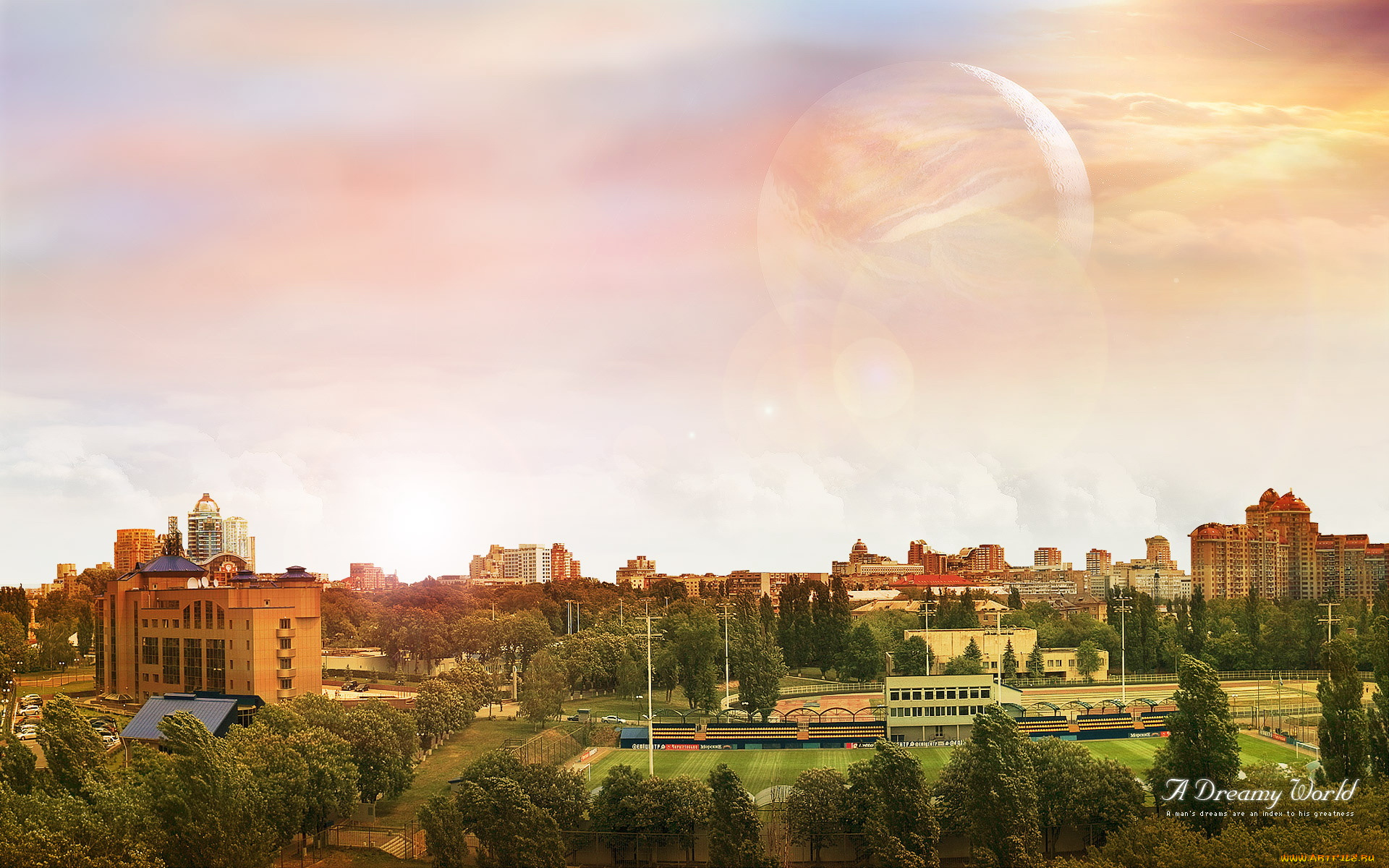 разное, компьютерный, дизайн, планета, облака, город, дома