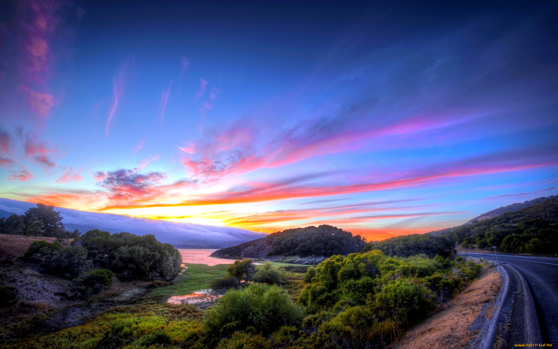 sunset, scenery, природа, дороги, закат, поле, дорога