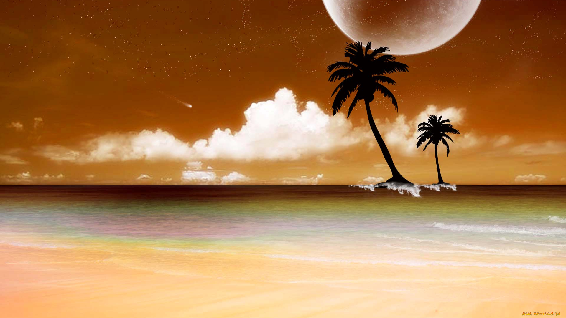 3д, графика, atmosphere, mood, атмосфера, настроения, планета, облака, пальмы, пляж, океан