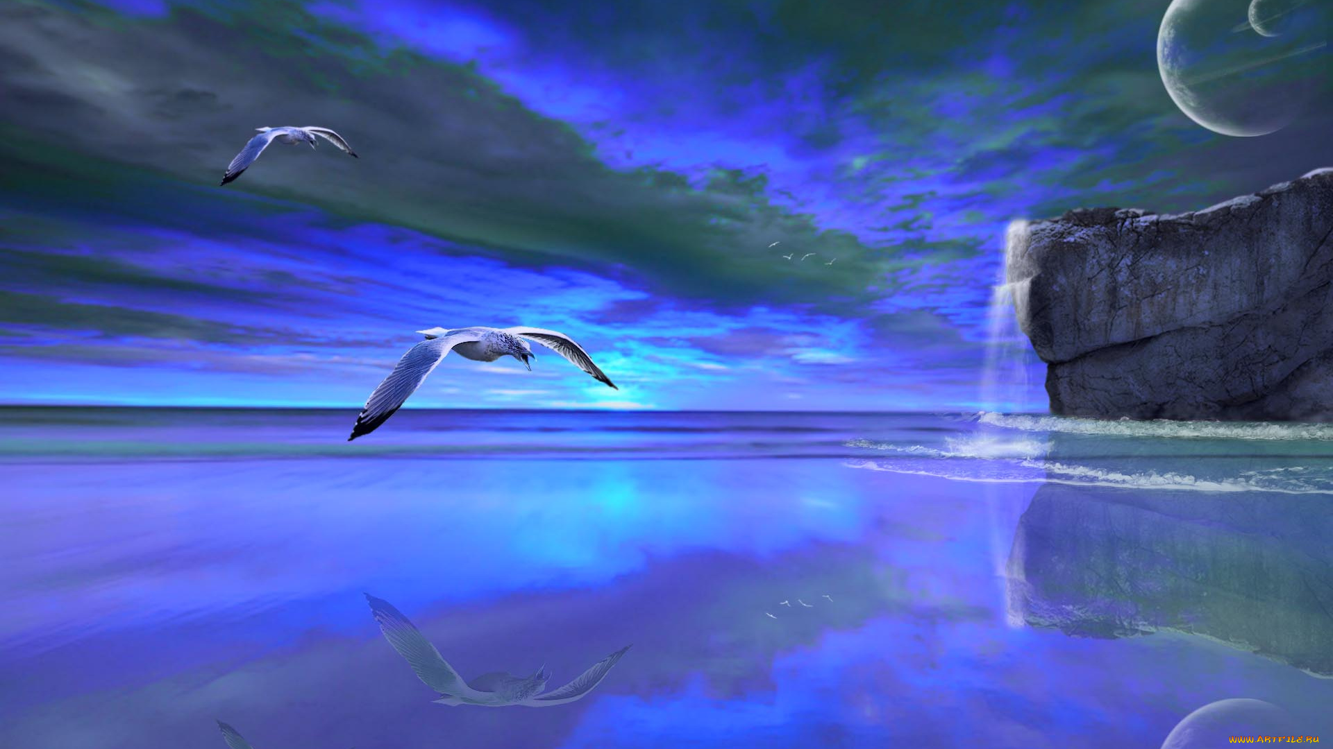 3д, графика, atmosphere, mood, атмосфера, настроения, океан, водопад, скалы, отражение, чайки, планеты