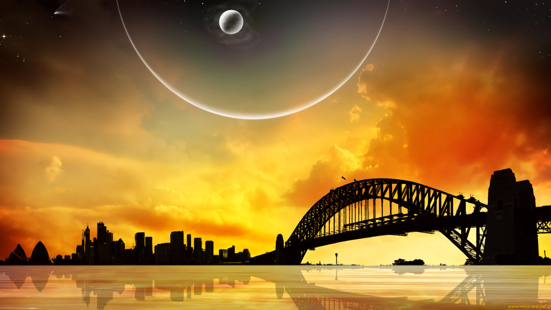 3д, графика, atmosphere, mood, атмосфера, настроения, планеты, звезды, небосвод, мост, вода, город