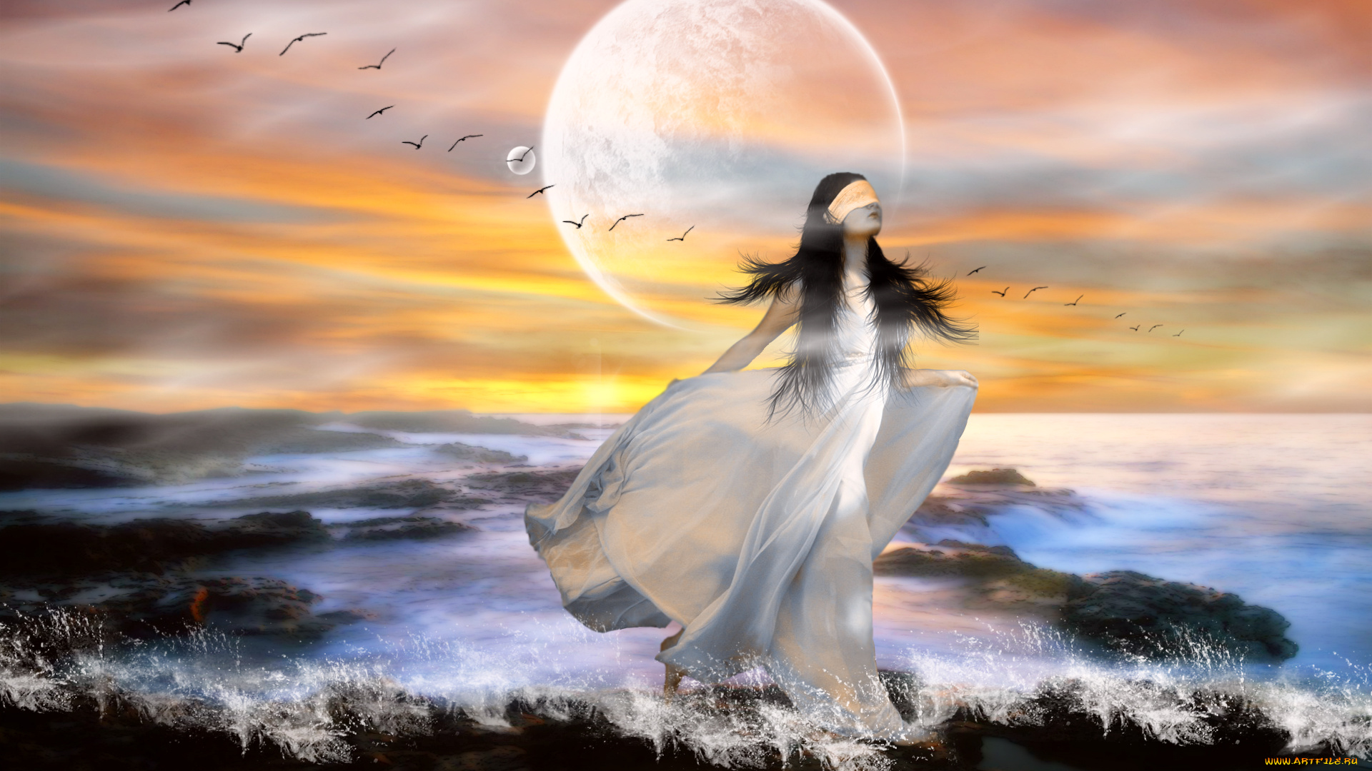 3д, графика, fantasy, фантазия, берег, океан, птицы, тучи, девушка