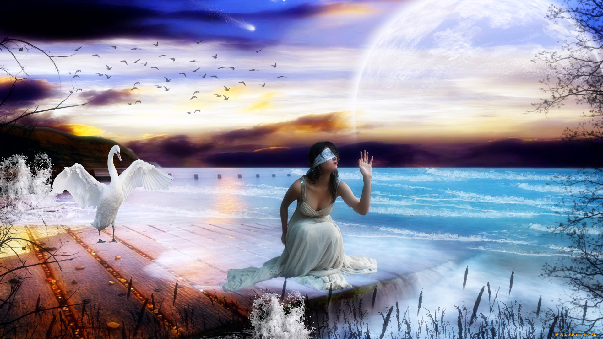 3д, графика, fantasy, фантазия, девушка, помост, океан, планета, тучи, лебедь