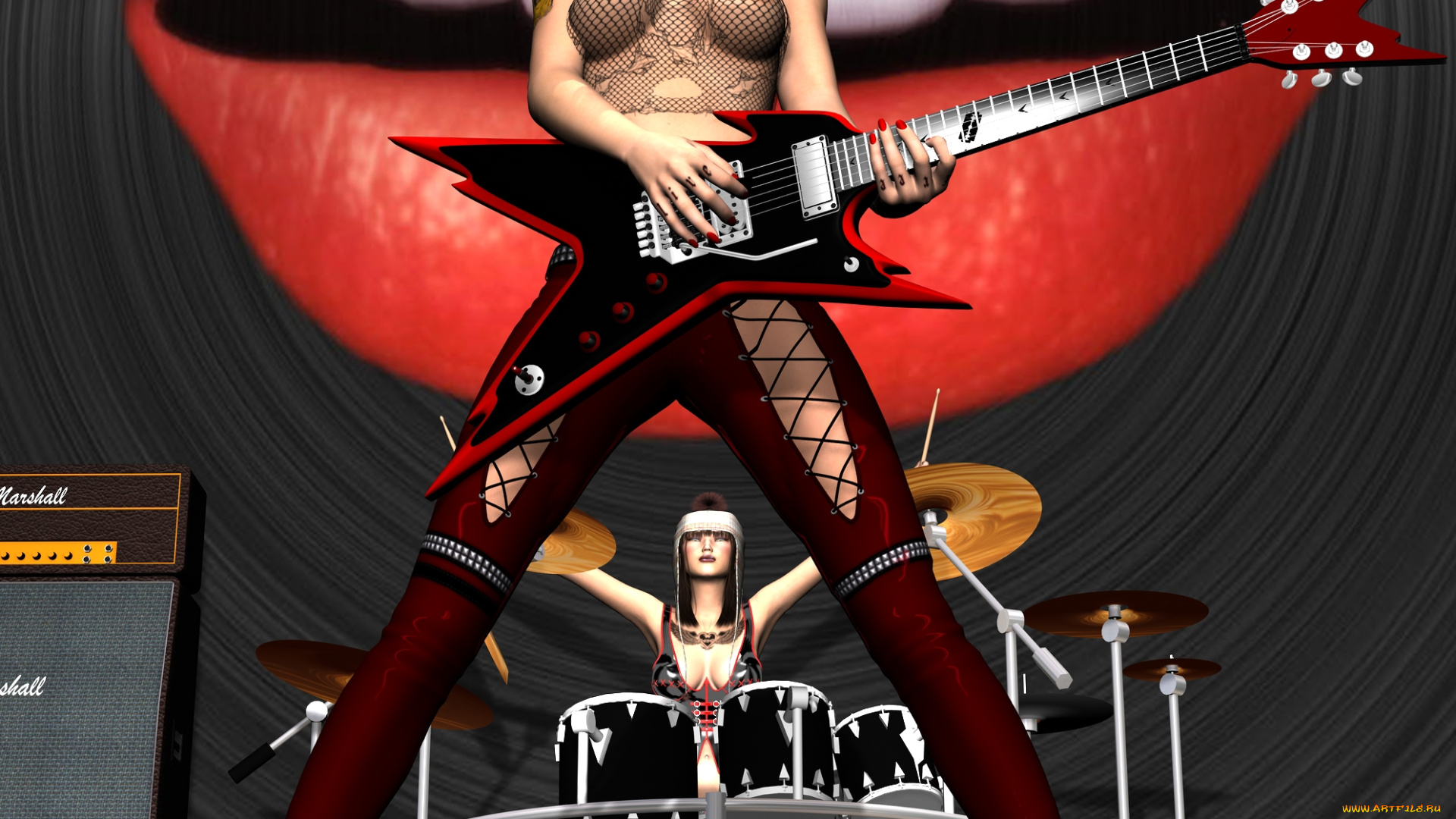 3д, графика, people, люди, девушки, барабаны, гитара