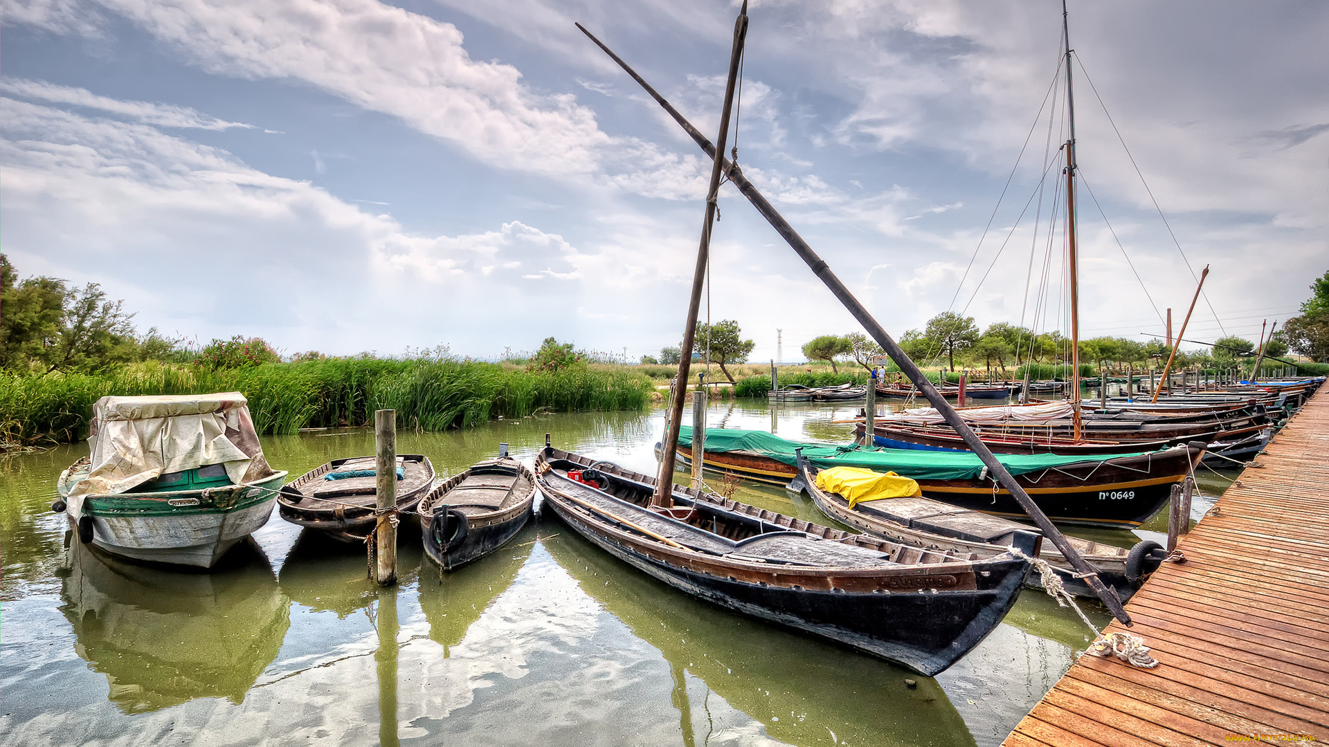 корабли, лодки, шлюпки, река, пристань