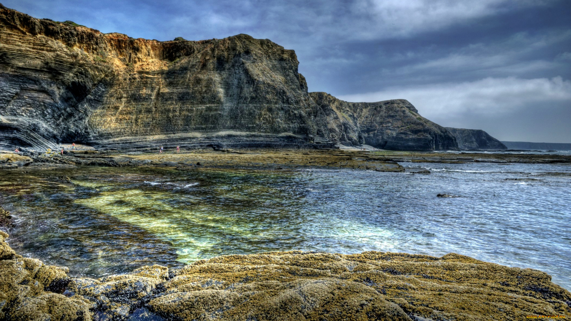 природа, побережье, океан, скалистый, берег, тучи