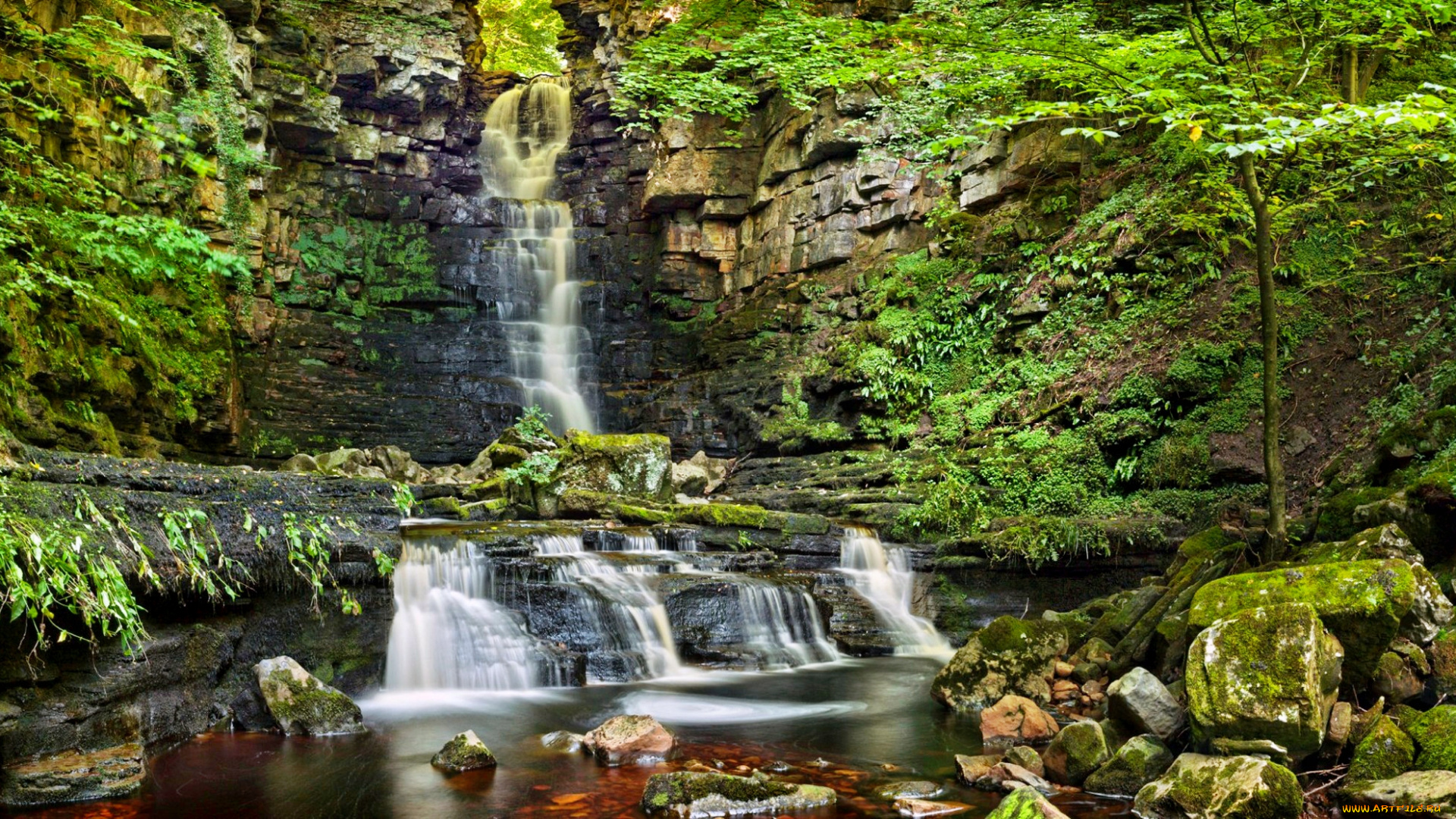 природа, водопады, лес, река, обрыв, скалы, камни, водопад