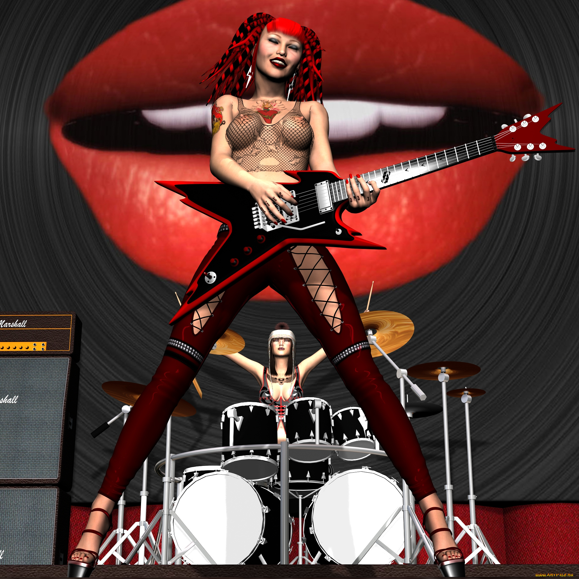 3д, графика, people, люди, девушки, барабаны, гитара