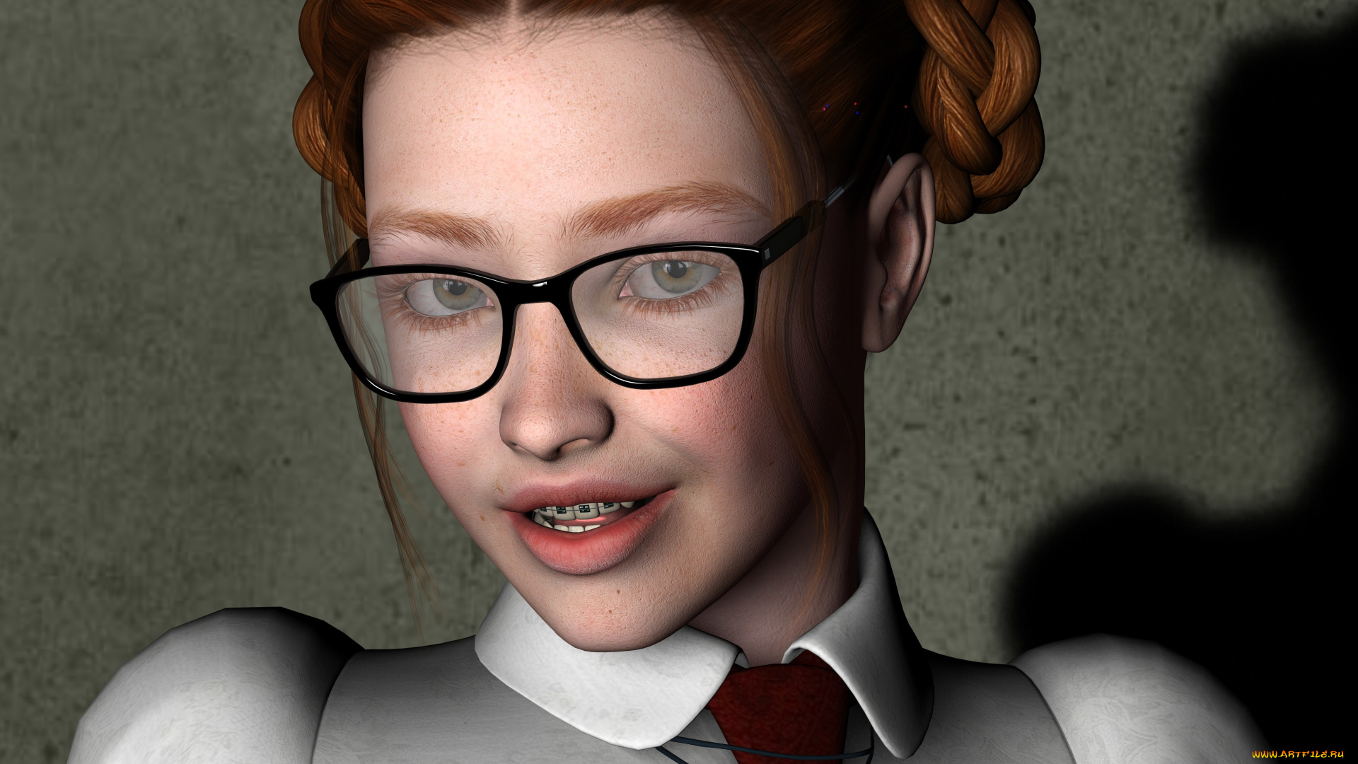 3д, графика, портрет, , portraits, девушка, взгляд, рыжая, очки, фон, стена, тень
