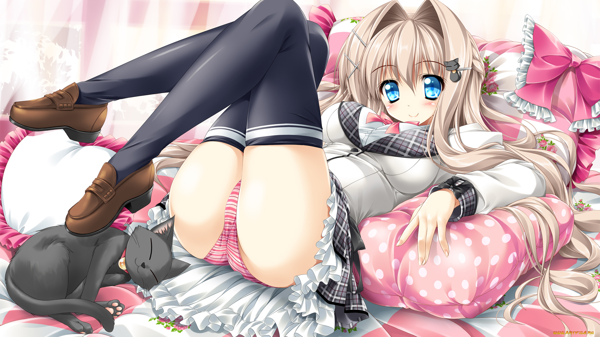 аниме, -animals, &, creatures, девушка, блондинка, поза, кот, постель, рюши, бант, арт, подушки