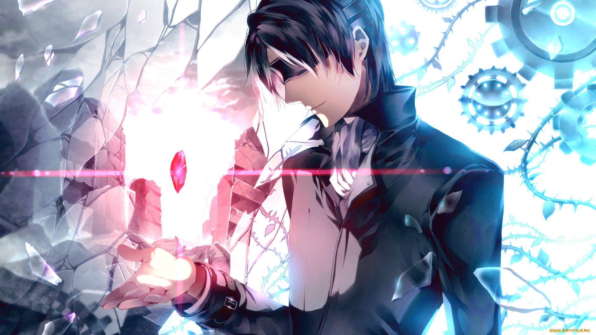 аниме, -halloween, &, magic, сияние, руины, осколки, кристалл, шестирёнки, брюнет, повязка, парень, арт, sunakumo