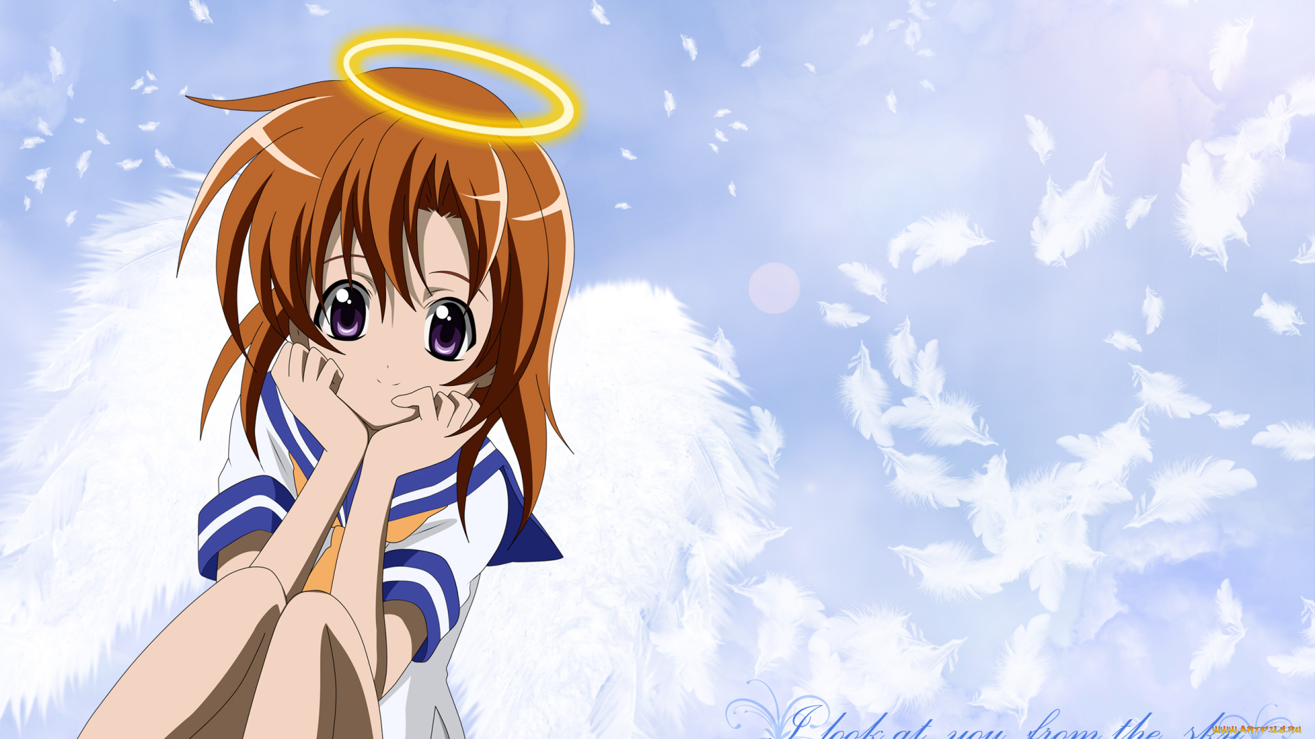 аниме, higurashi, no, naku, koro, ni, рыжая, девушка, небо, перья, higurashi, no, naku, koro, ni